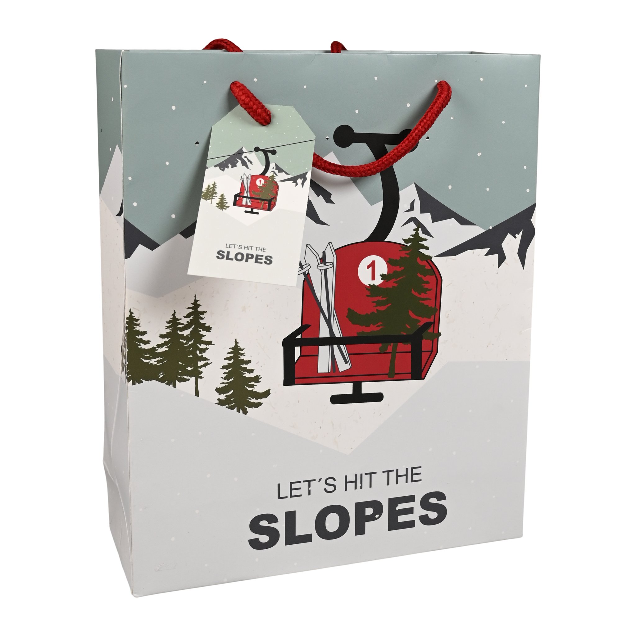 Sacchetto regalo con cabinovia rossa, montagne e scritta Let's hit the Slopes