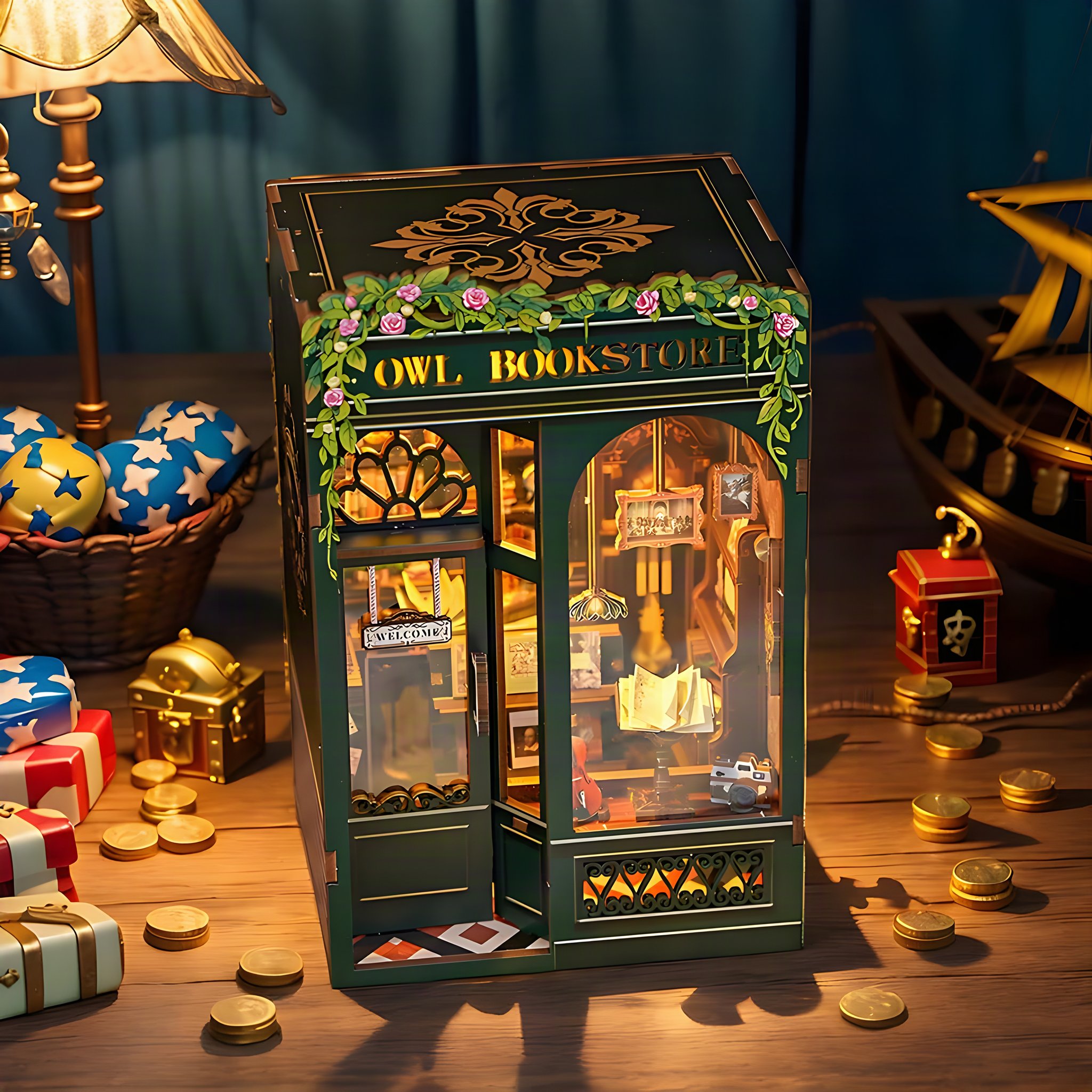 Librairie des hiboux vue de biais sur une table en bois avec pièces et jouets