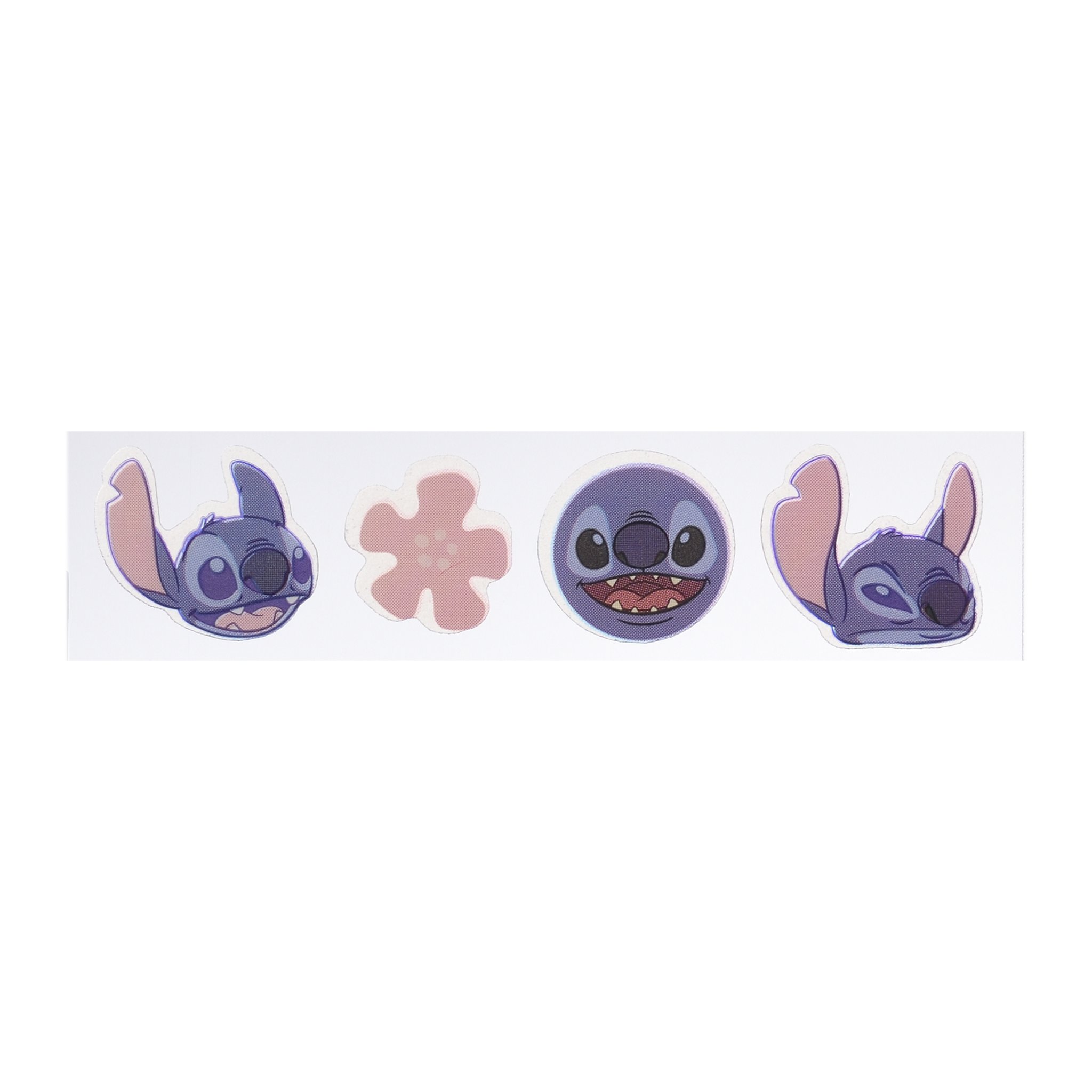 The four patch designs side by side: laughing Stitch, flower, Stitch face and winking Stitch