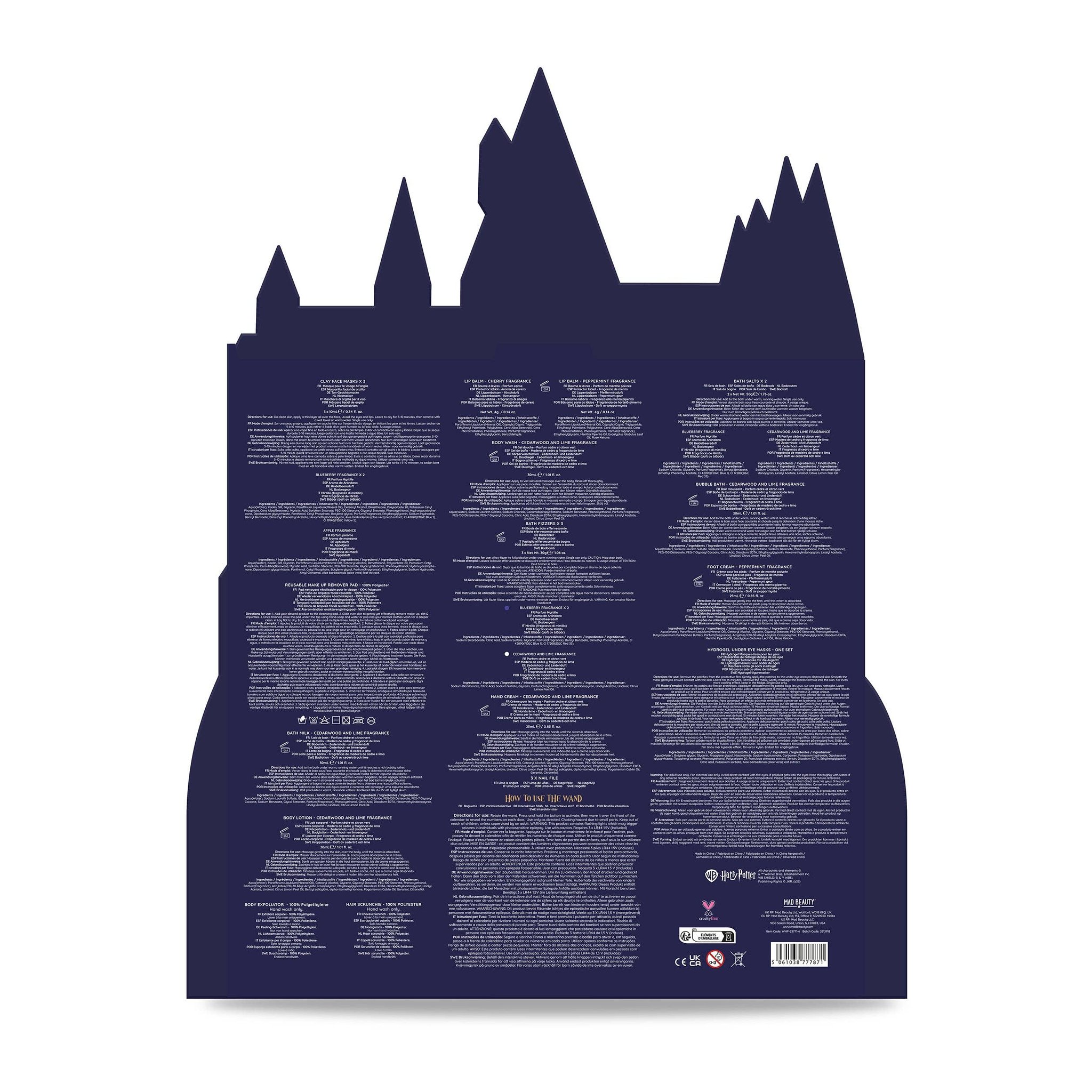 Calendario dell'Avvento Beauty Harry Potter Hogwarts – retro con elenco del contenuto