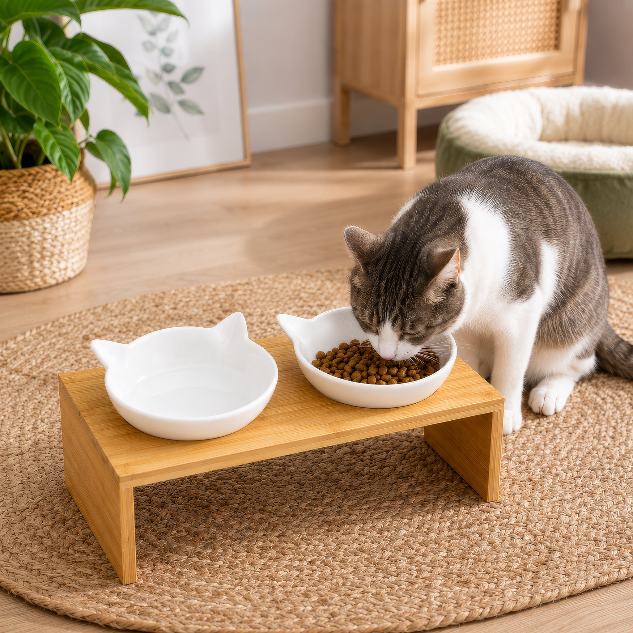 Cat eating from the raised double bowl with two cat-head ceramic bowls on a bamboo stand
