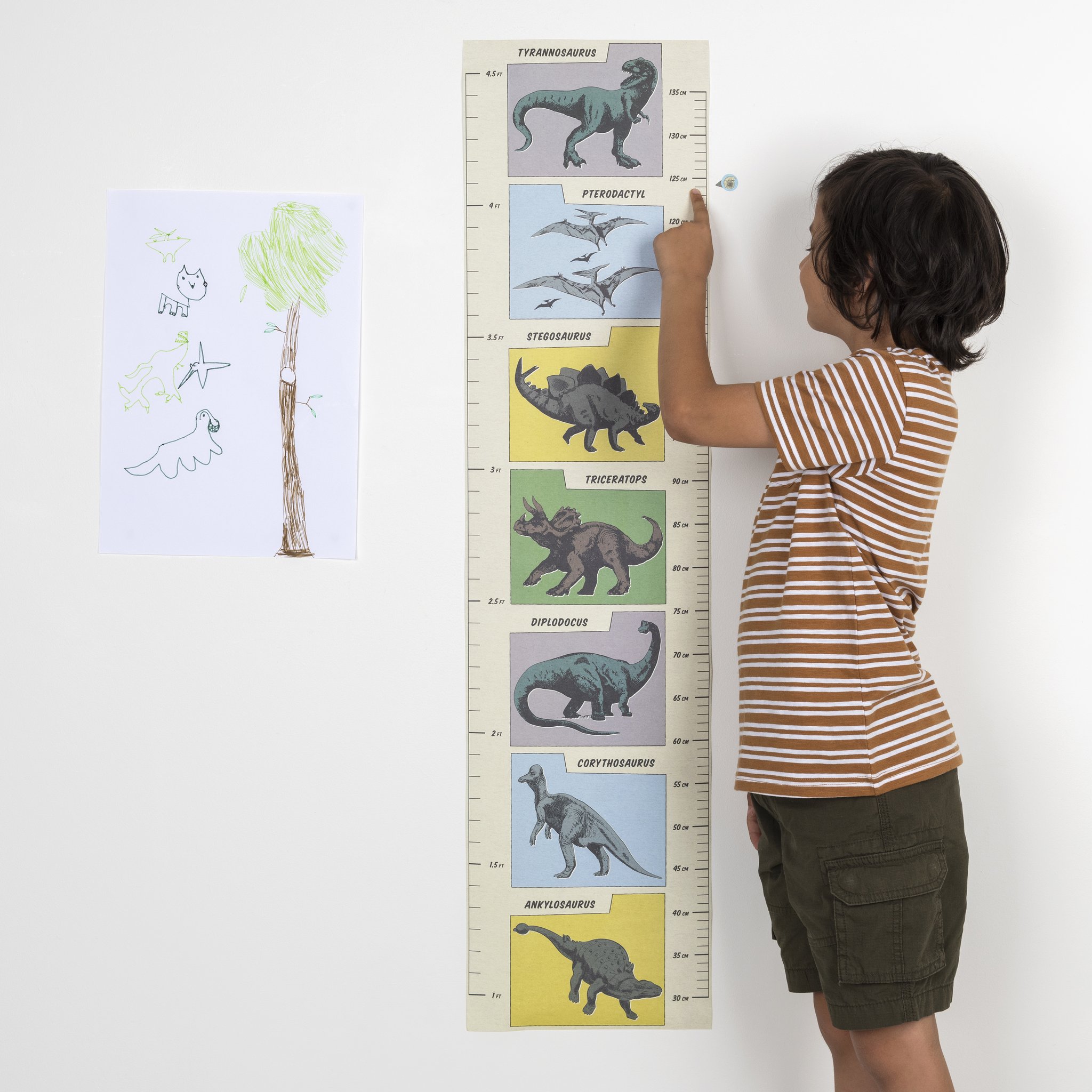 Child measuring height at the dinosaur height chart on the wall