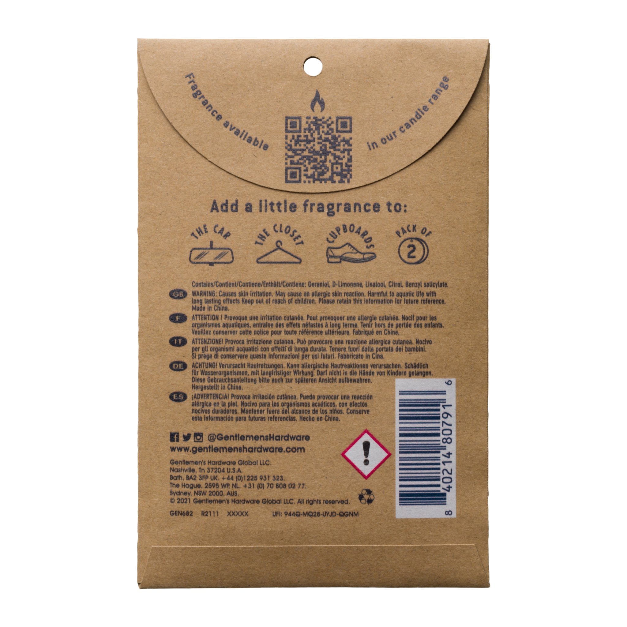 Back of the kraft paper packaging for the air freshener set with QR code, pictograms, warning texts and a barcode