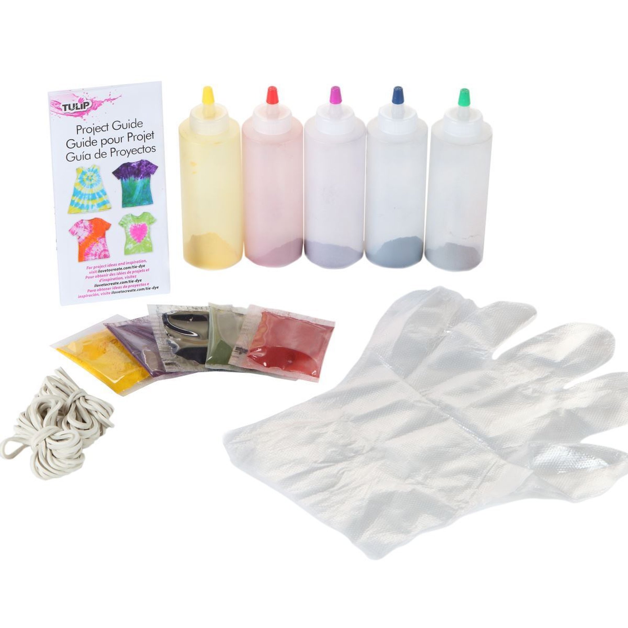 5 Quetschflaschen mit Farbpulver, Gummibändern und Handschuhen