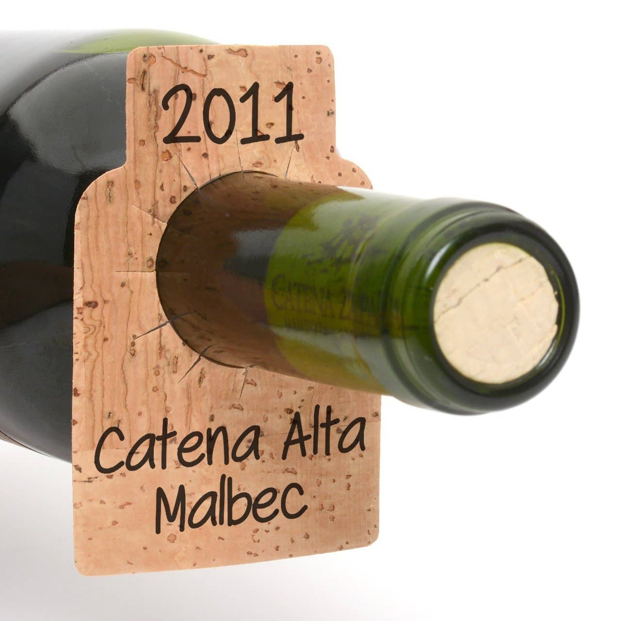 Cork wine tag on bottle neck labelled Catena Alta Malbec 2011