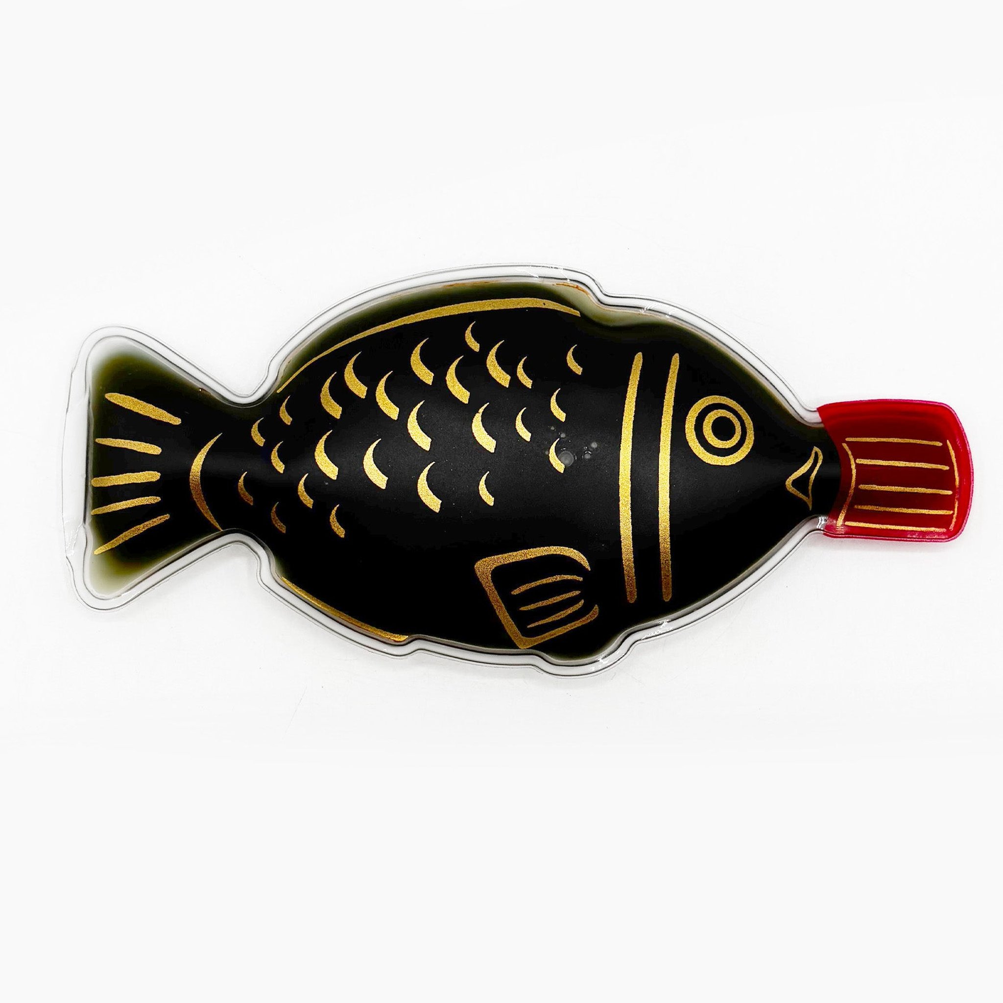 Soy sauce hand warmer with red cap on a white background