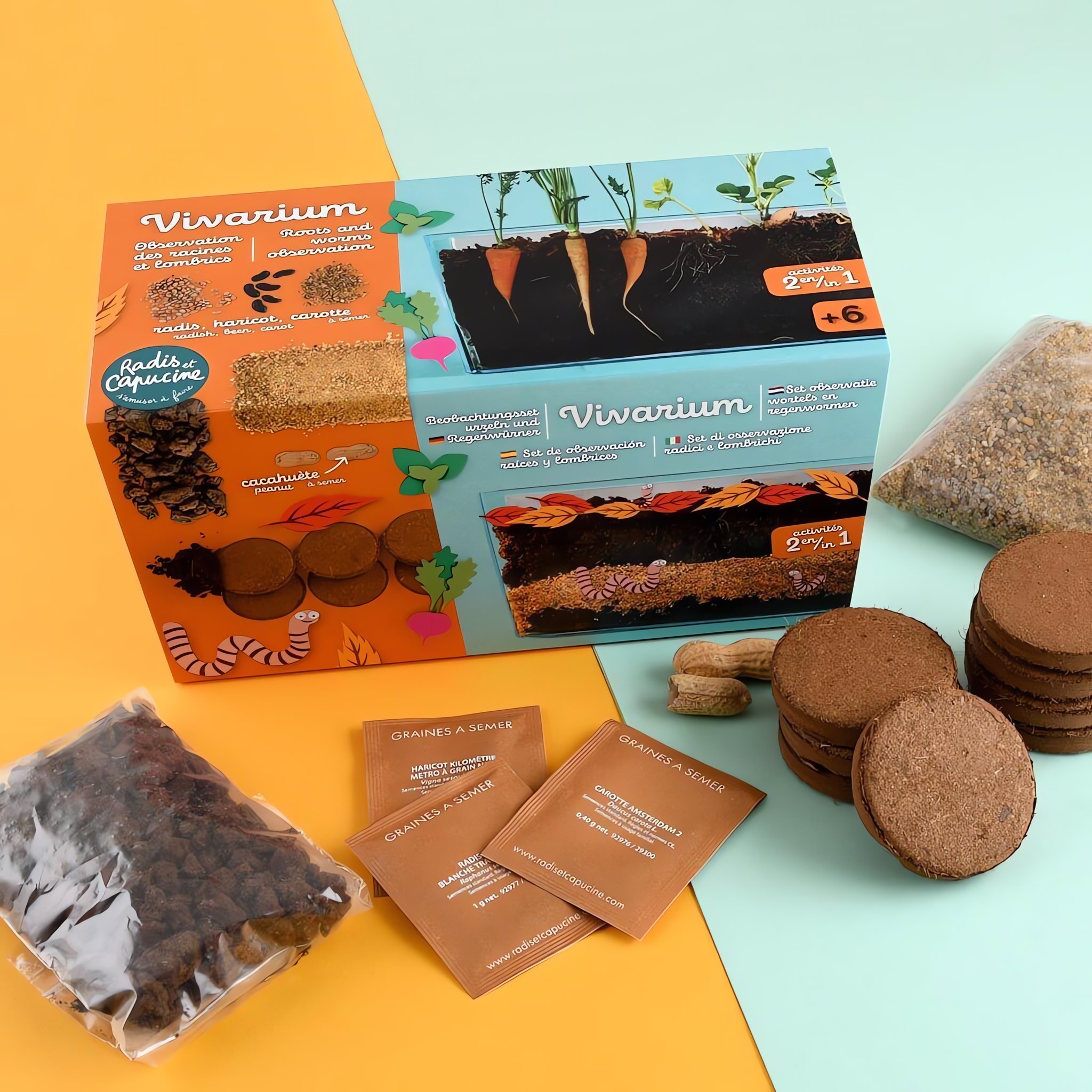 Der Set-Inhalt mit Verpackung, Kokos-Quelltabletten und Samentütchen von oben