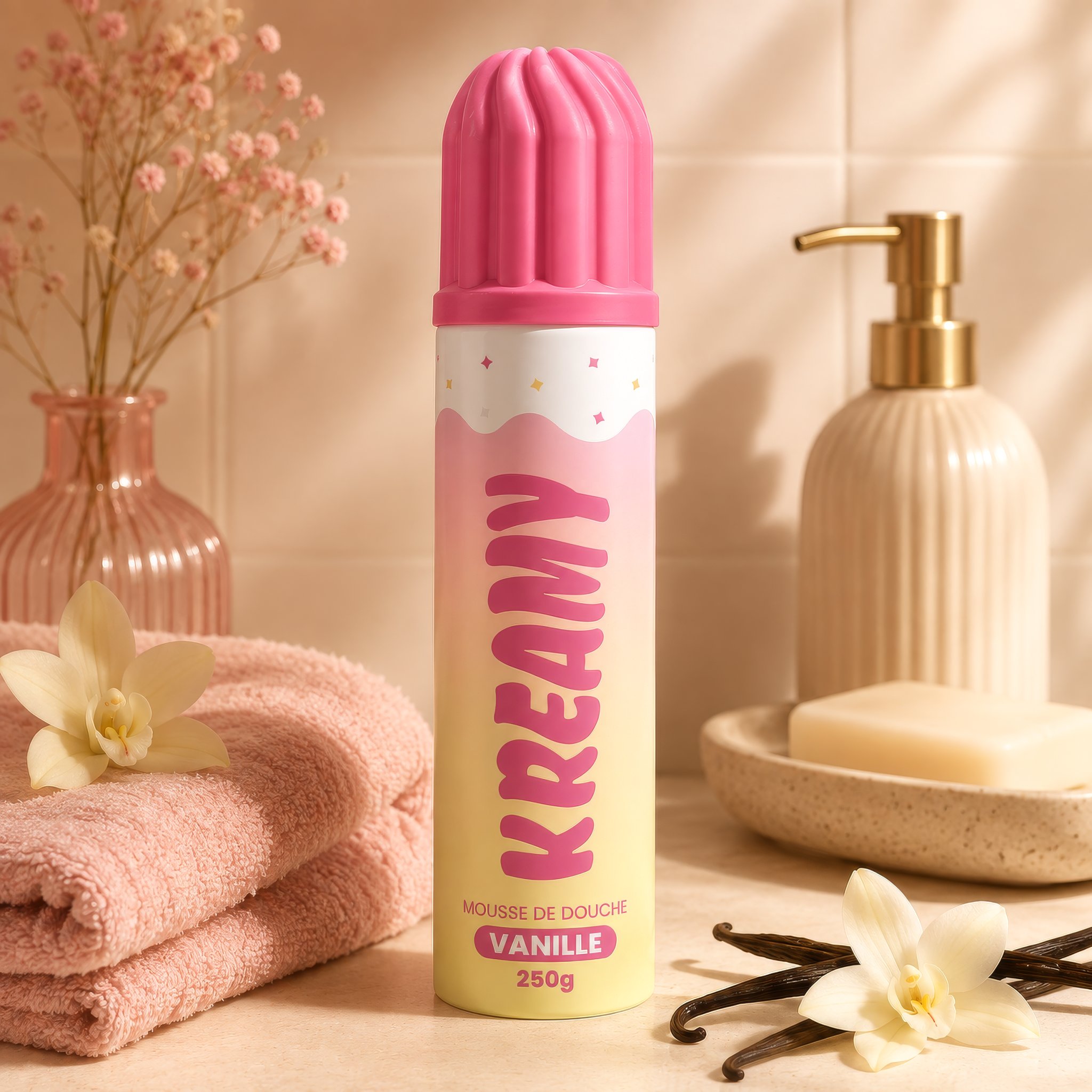 Kreamy Duschschaum Vanille 250 g im Badezimmer mit Vanilleblüten
