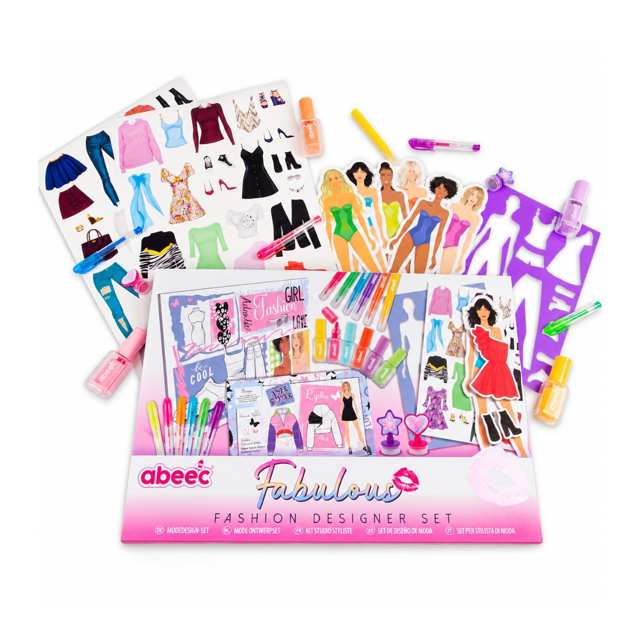 Box des Modedesigner-Sets, rundherum Sticker, Anziehpuppen, Schablone und Stifte