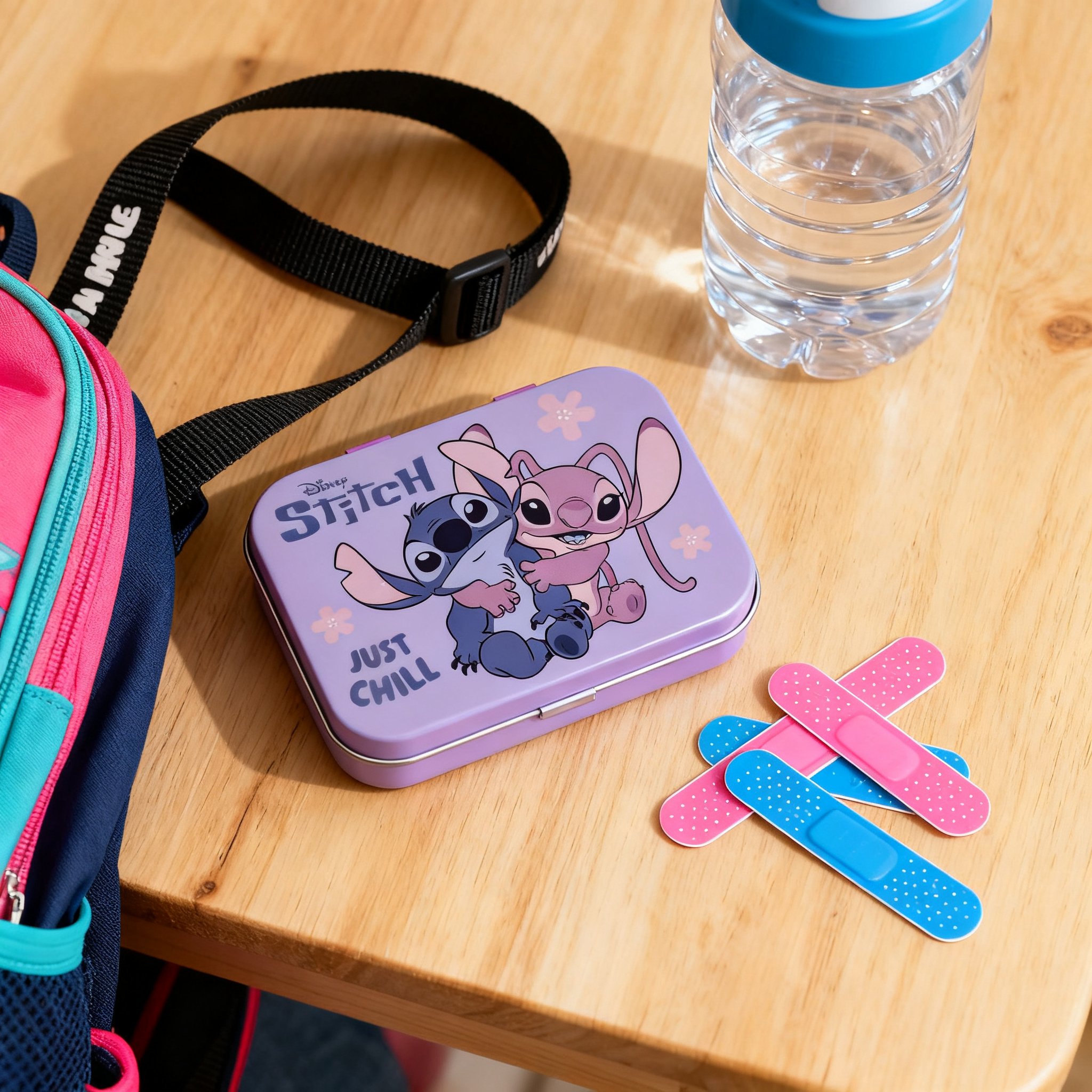 Stitch & Angel Pflasterdose auf einem Holztisch neben Schulrucksack und Trinkflasche