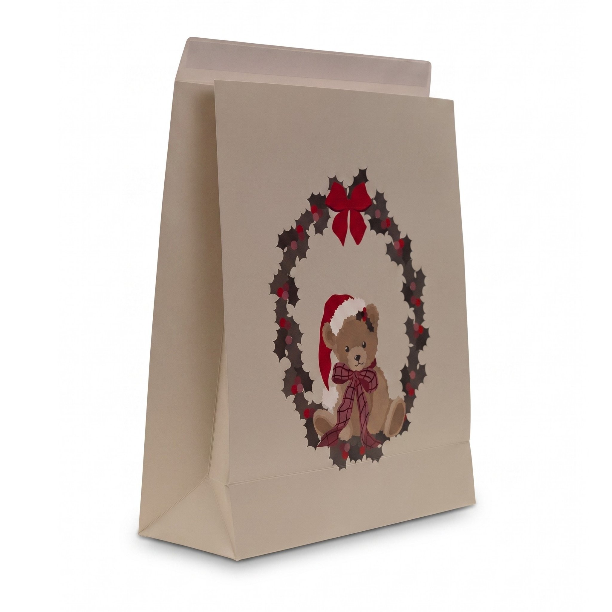Sacchetto regalo beige visto di lato con soffietto e motivo orsetto
