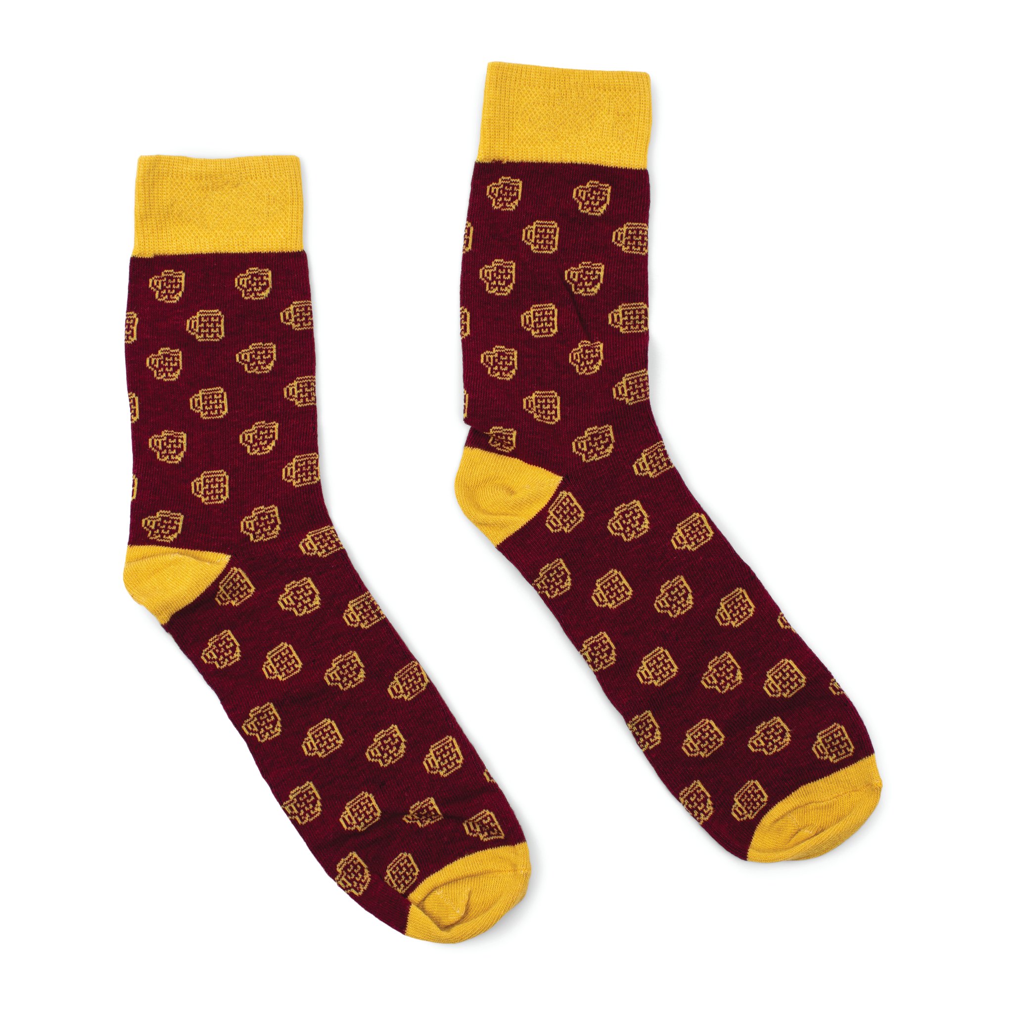 Two burgundy socks from the Socks in a Can - Beer set, laid flat, with yellow cuffs, heels and a beer mug pattern