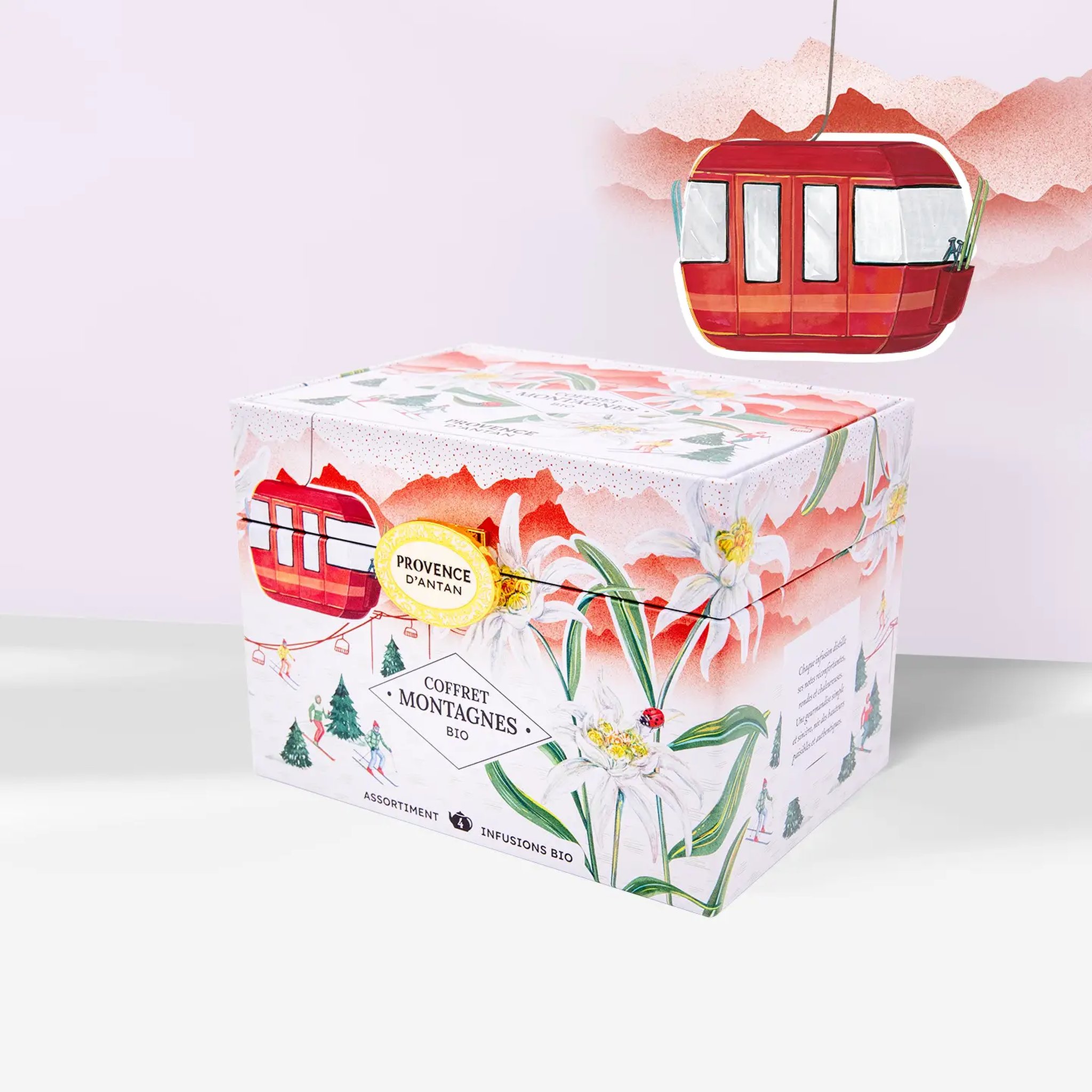 Scatola Coffret Montagnes con decorazione a forma di cabina della funivia