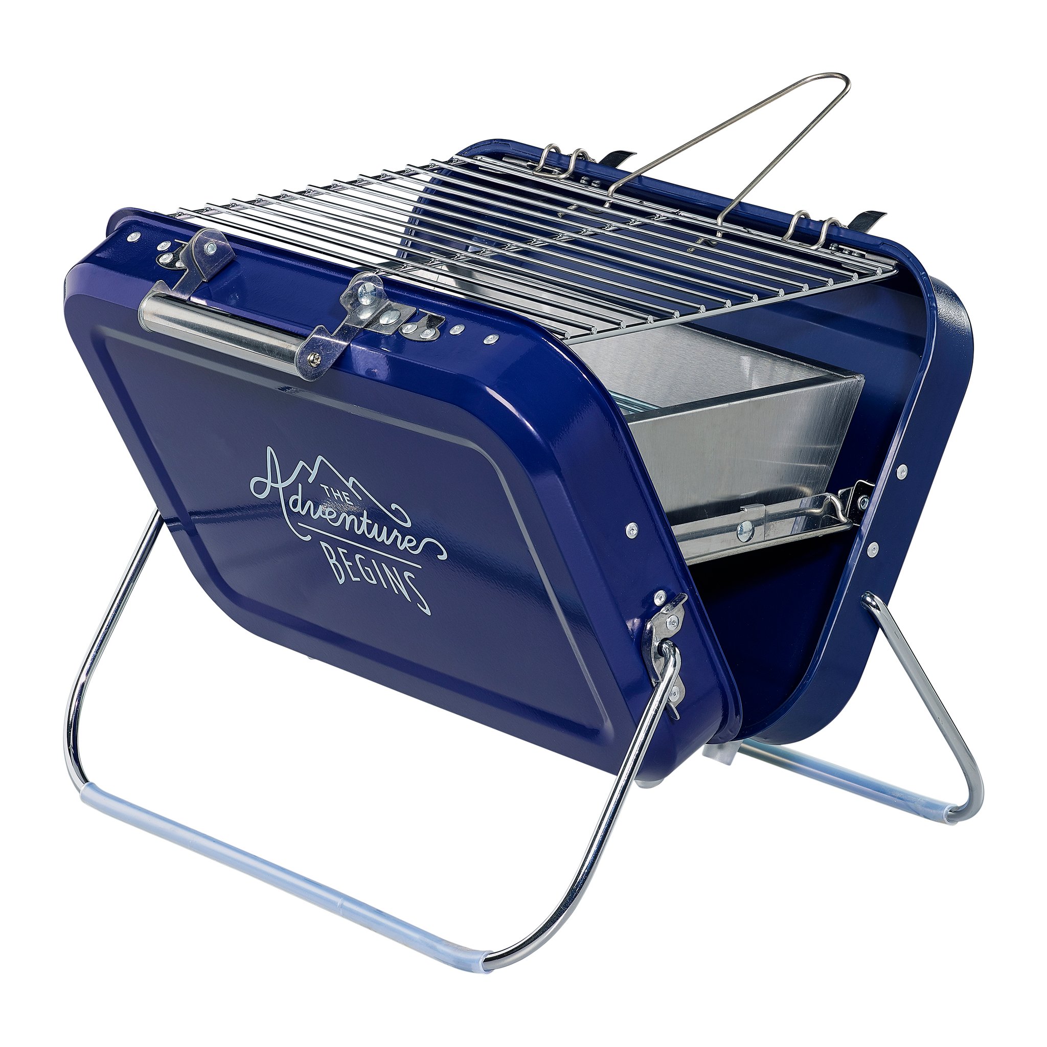 Large Portable BBQ opened up on its folding metal legs, showing the grill rack and the silver charcoal tray inside