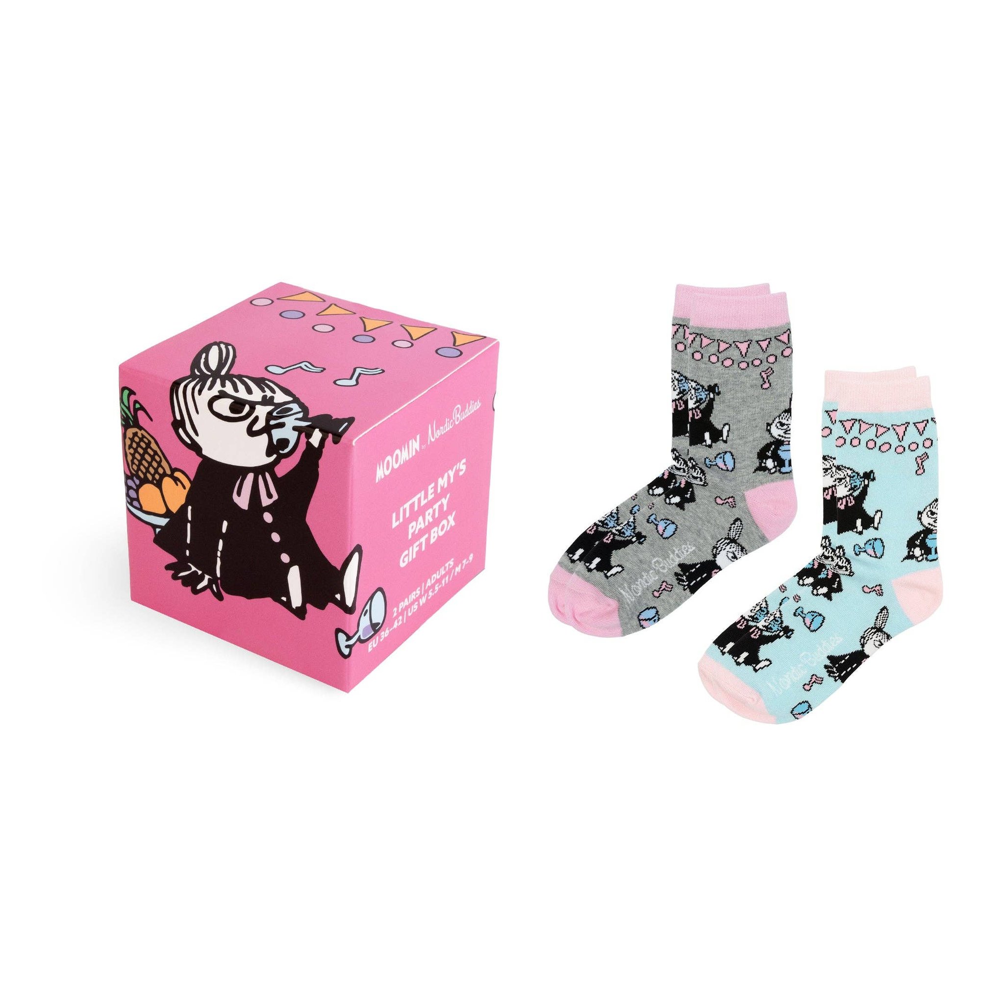 Moomin socks gift box: two pairs of socks next to the pink gift box