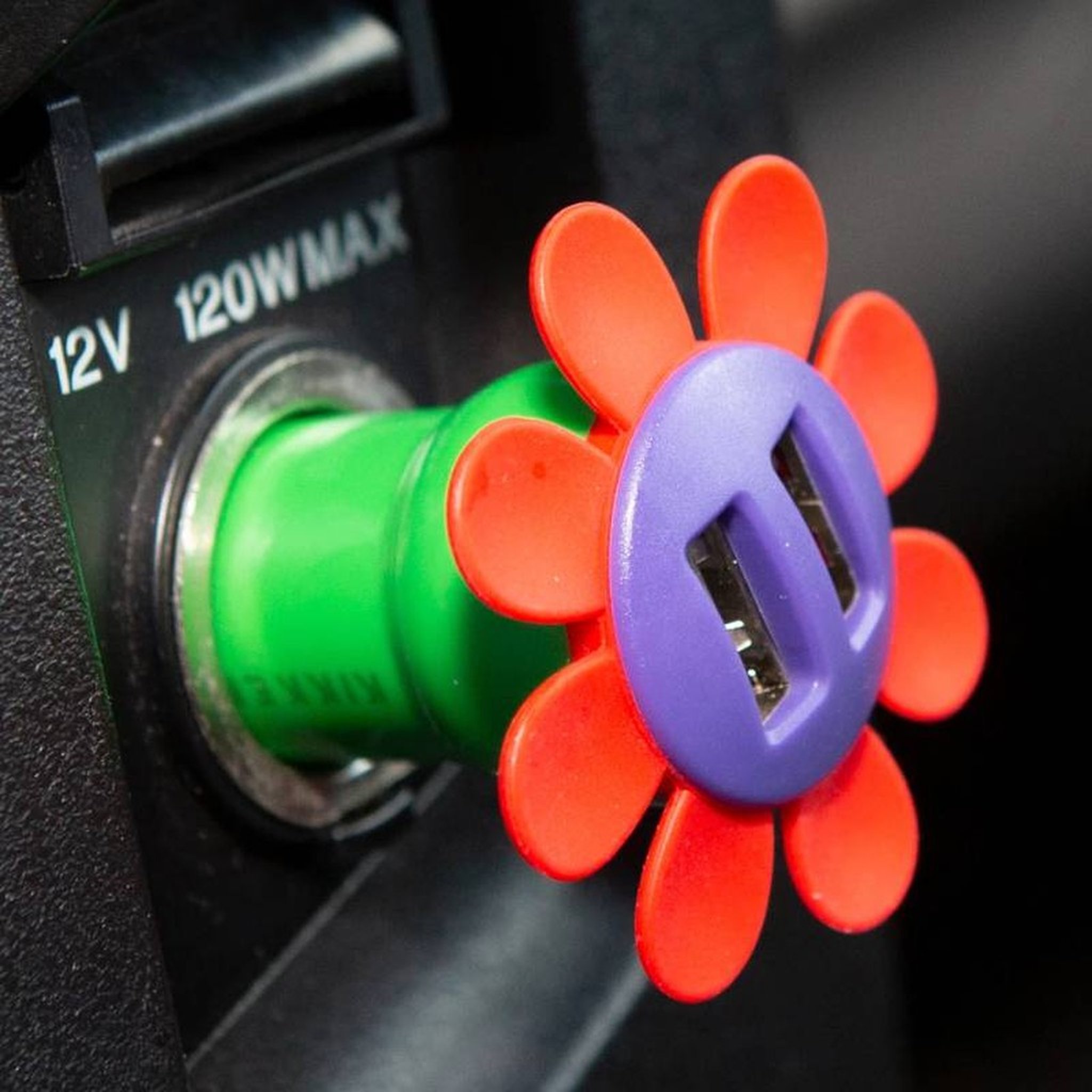Blumen-Ladegerät steckt im 12-V-Anschluss des Autos