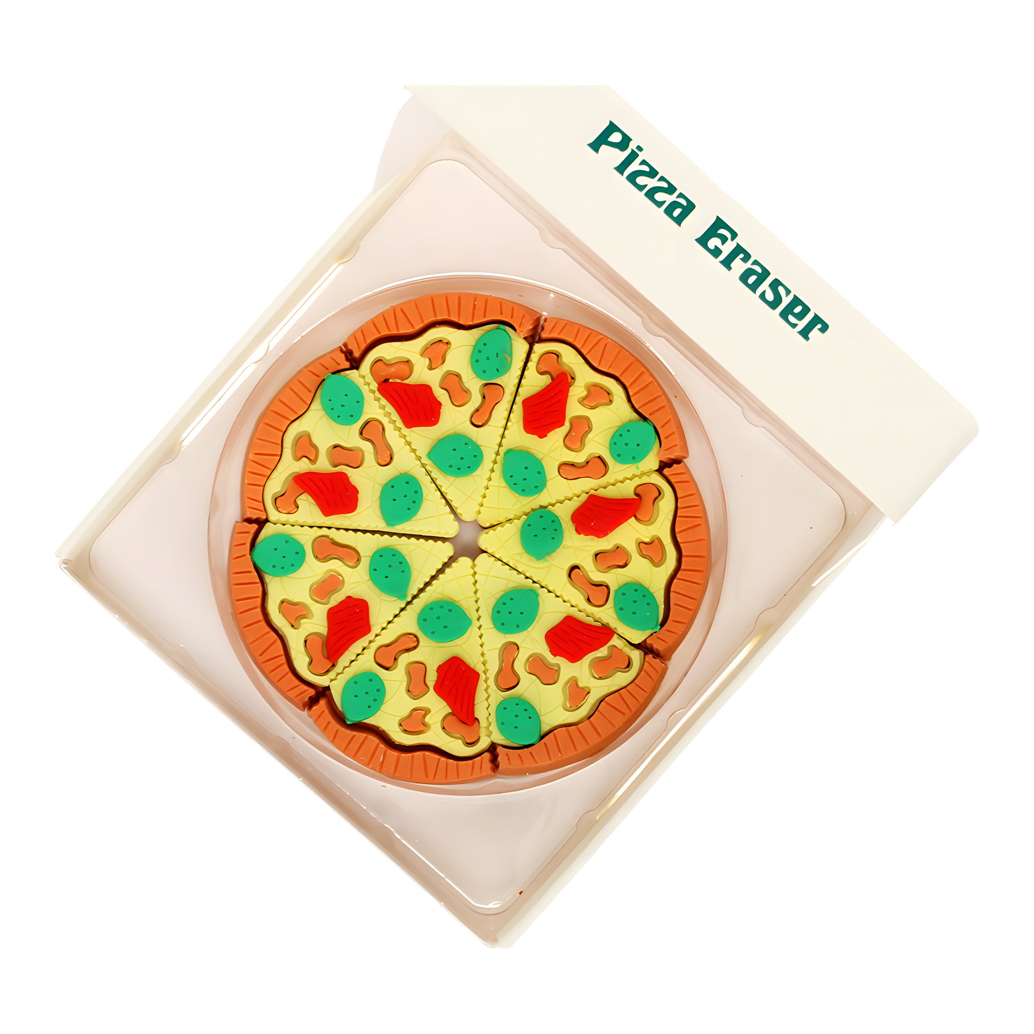 Pizza-Radiergummi komplett in der Verpackung mit Sichtfenster