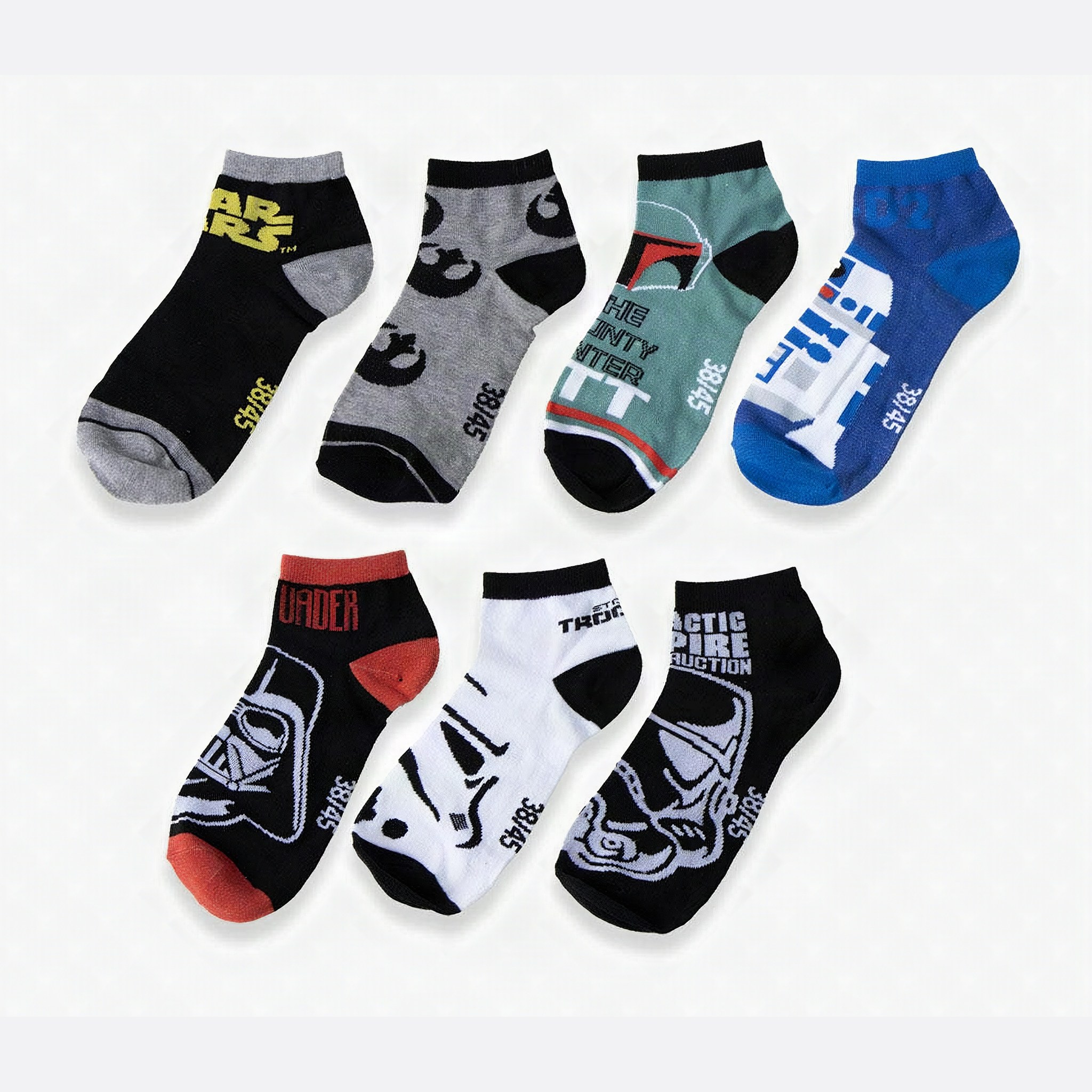 Seven pairs of ankle socks with Stormtroopers, Boba Fett and the Rebel insignia
