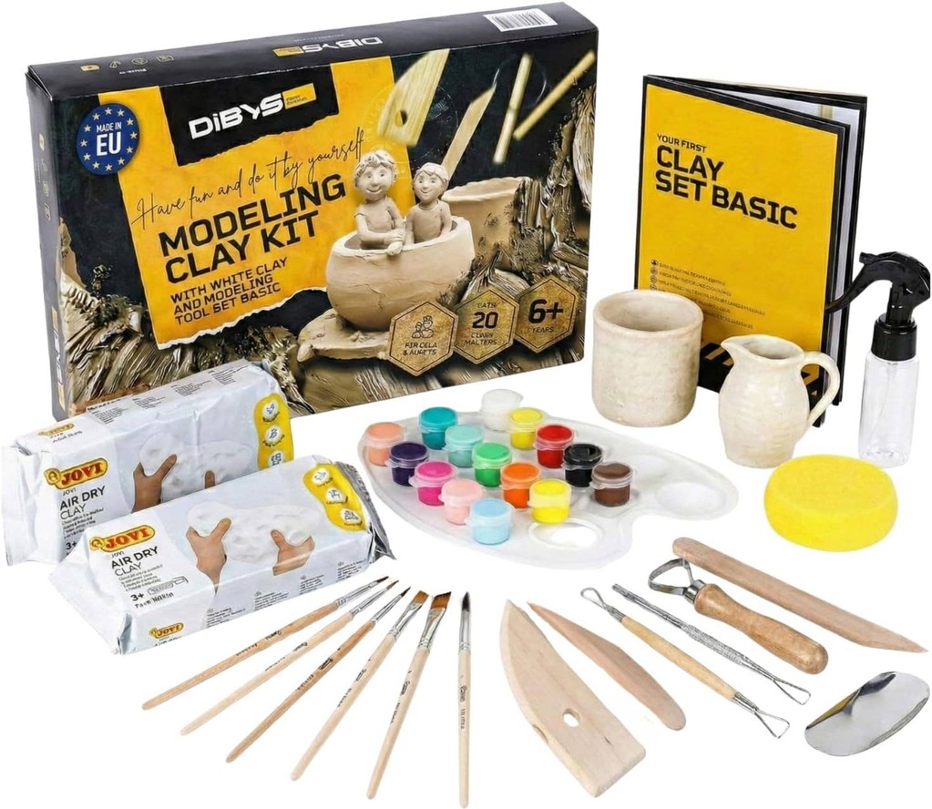 Toepferset Basic – Luft-Ton mit Farben und Werkzeug