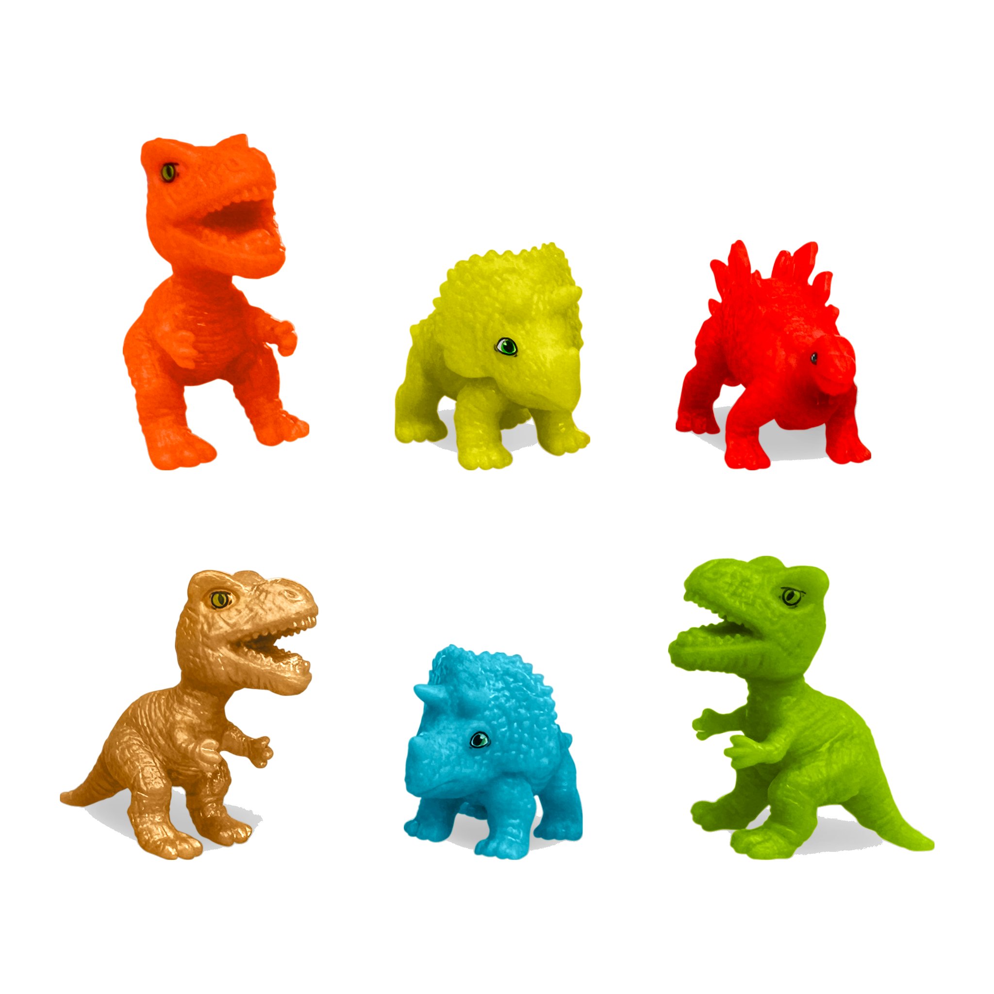 The six collectable dino figures, one hidden in each bath bomb