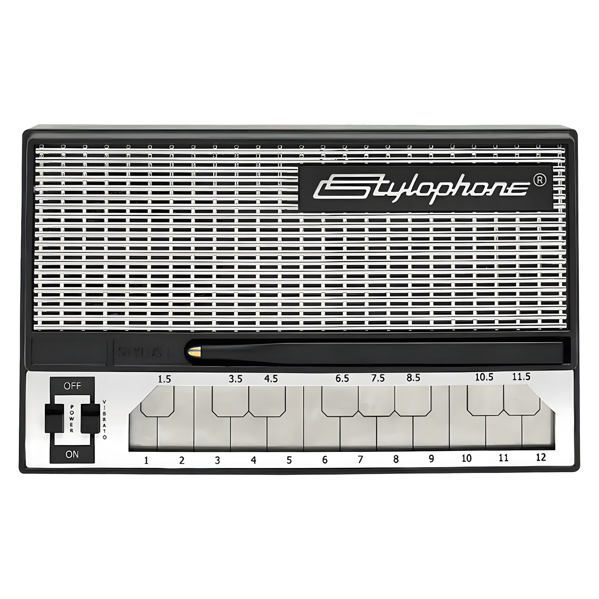 Stylophone S-1 Mini-Synthesizer – Frontansicht mit Stylus