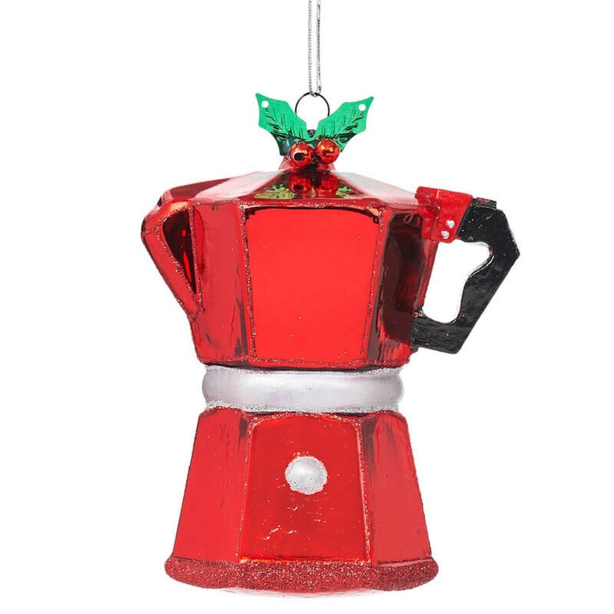 Weihnachtsbaumschmuck Kaffeekanne freigestellt, rote Espressokanne mit Stechpalme