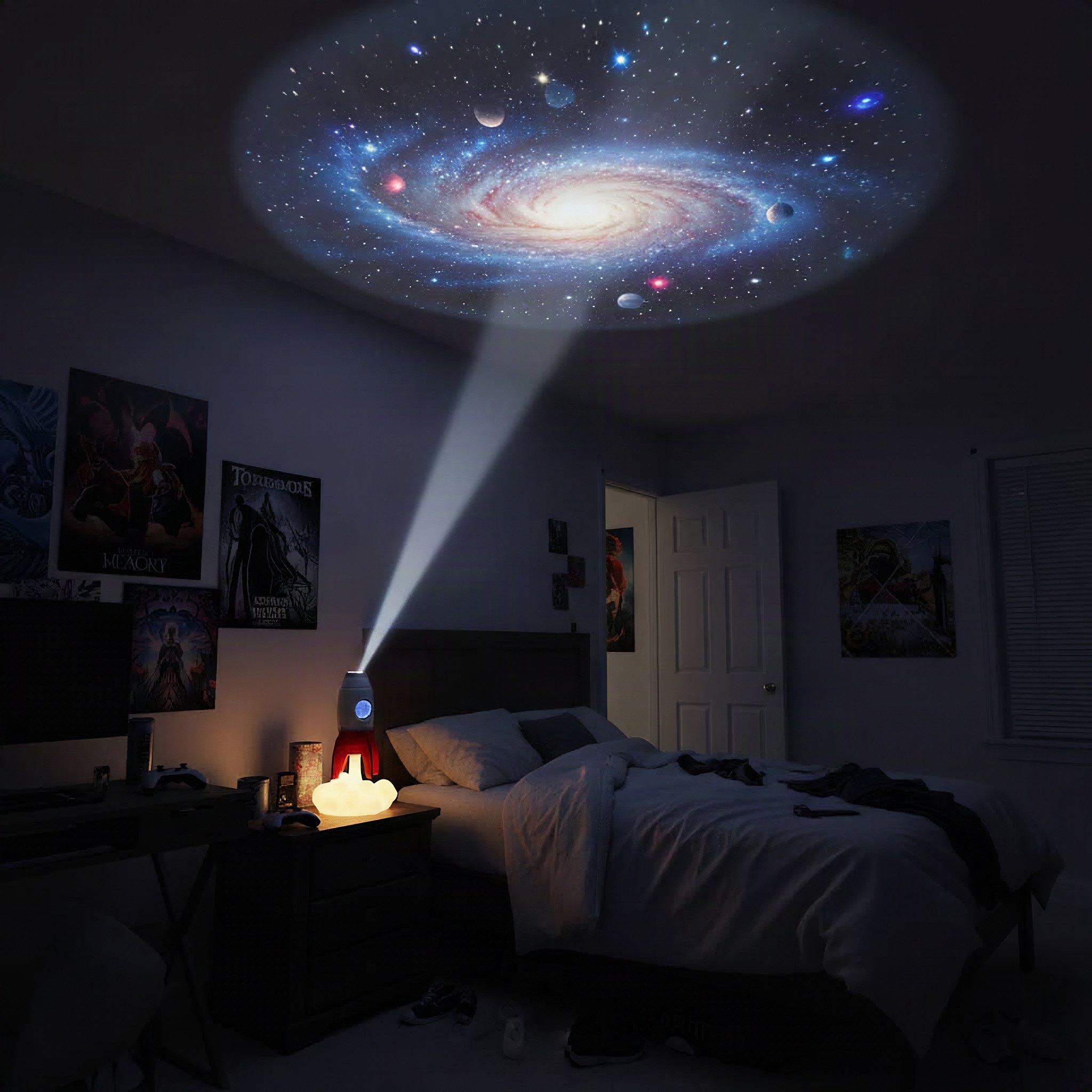 The rocket projects a spiral galaxy onto the ceiling of a darkened room