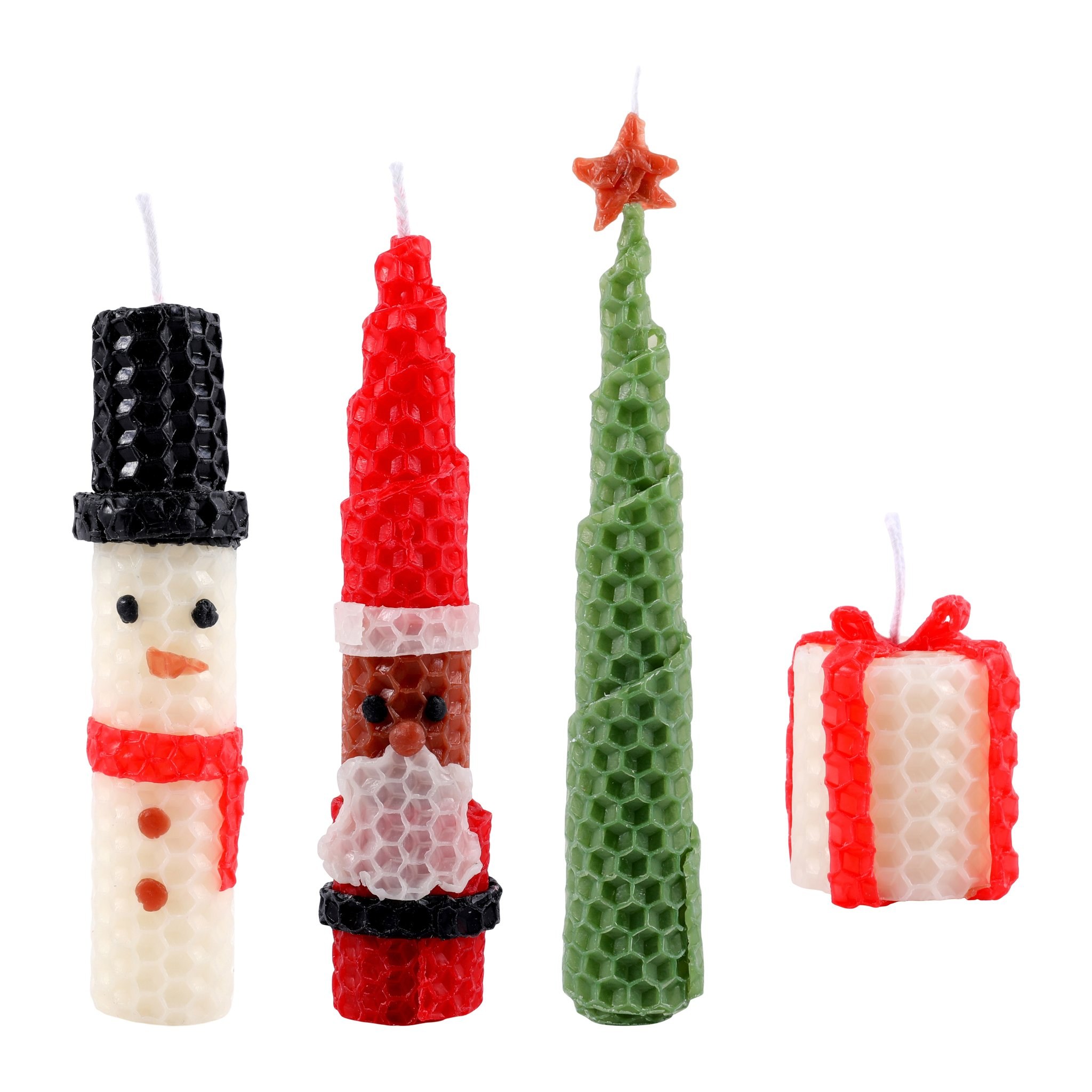 Weihnachtliche Kerzen als Schneemann, Weihnachtsmann, Tannenbaum und Geschenk in Wabenoptik