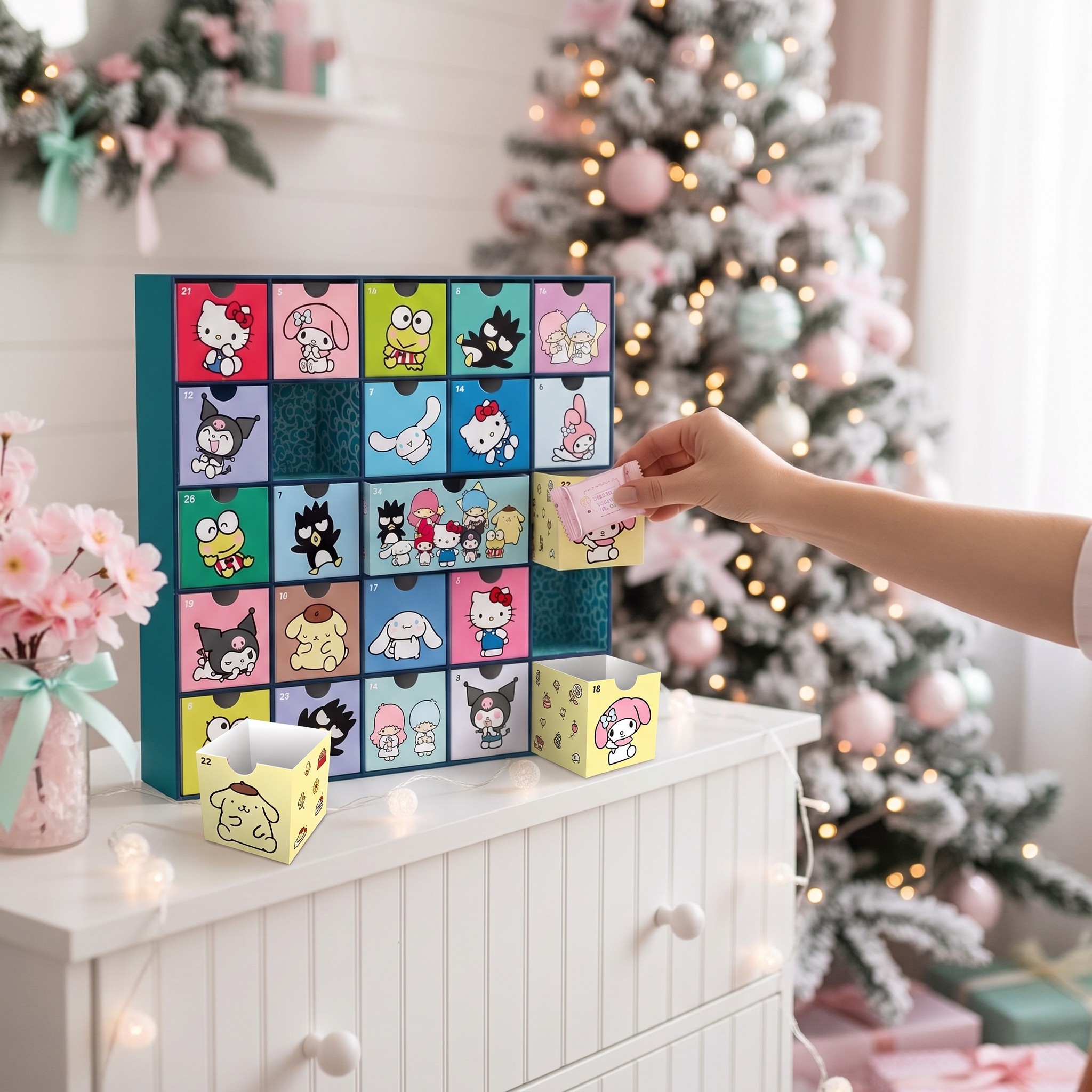 Hand legt eine kleine Überraschung in eine Schublade des Hello Kitty Adventskalenders
