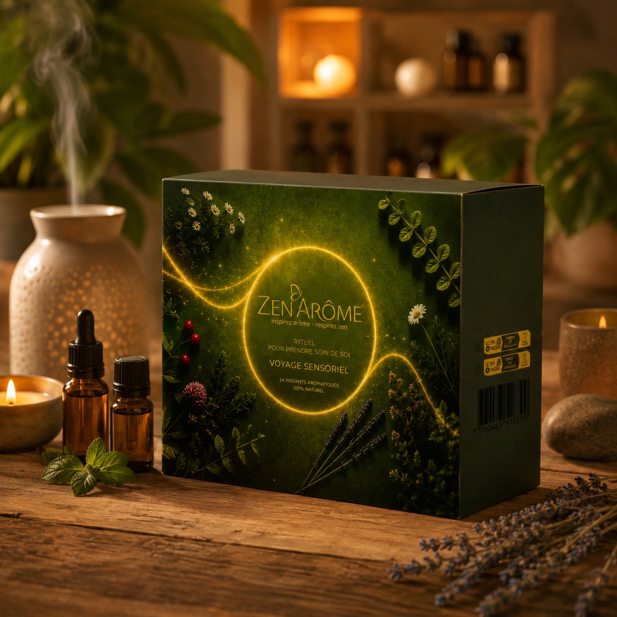 Calendrier de l'Avent aromathérapie à côté d'un diffuseur, de flacons et de lavande