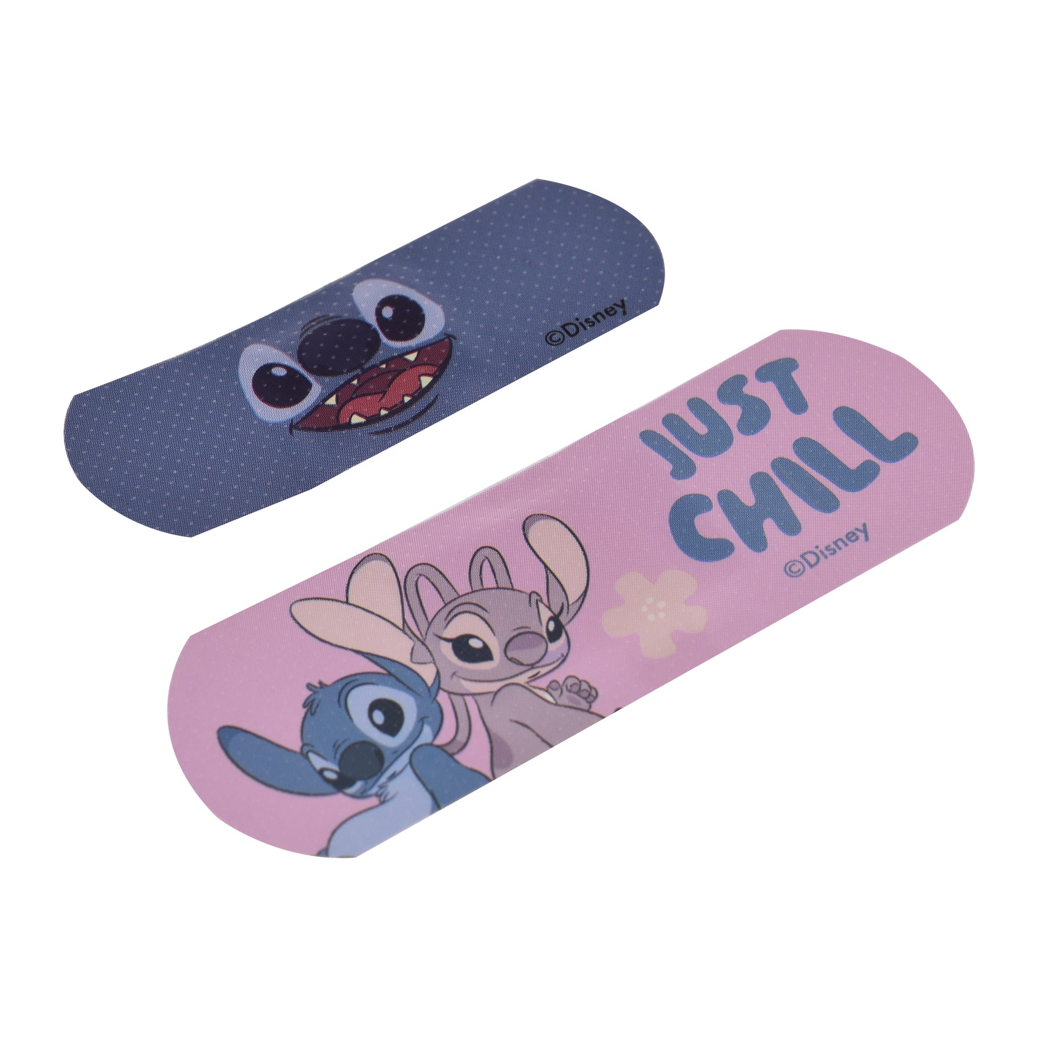 Blue Stitch plaster and pink plaster with Stitch, Angel and Just Chill laid at an angle