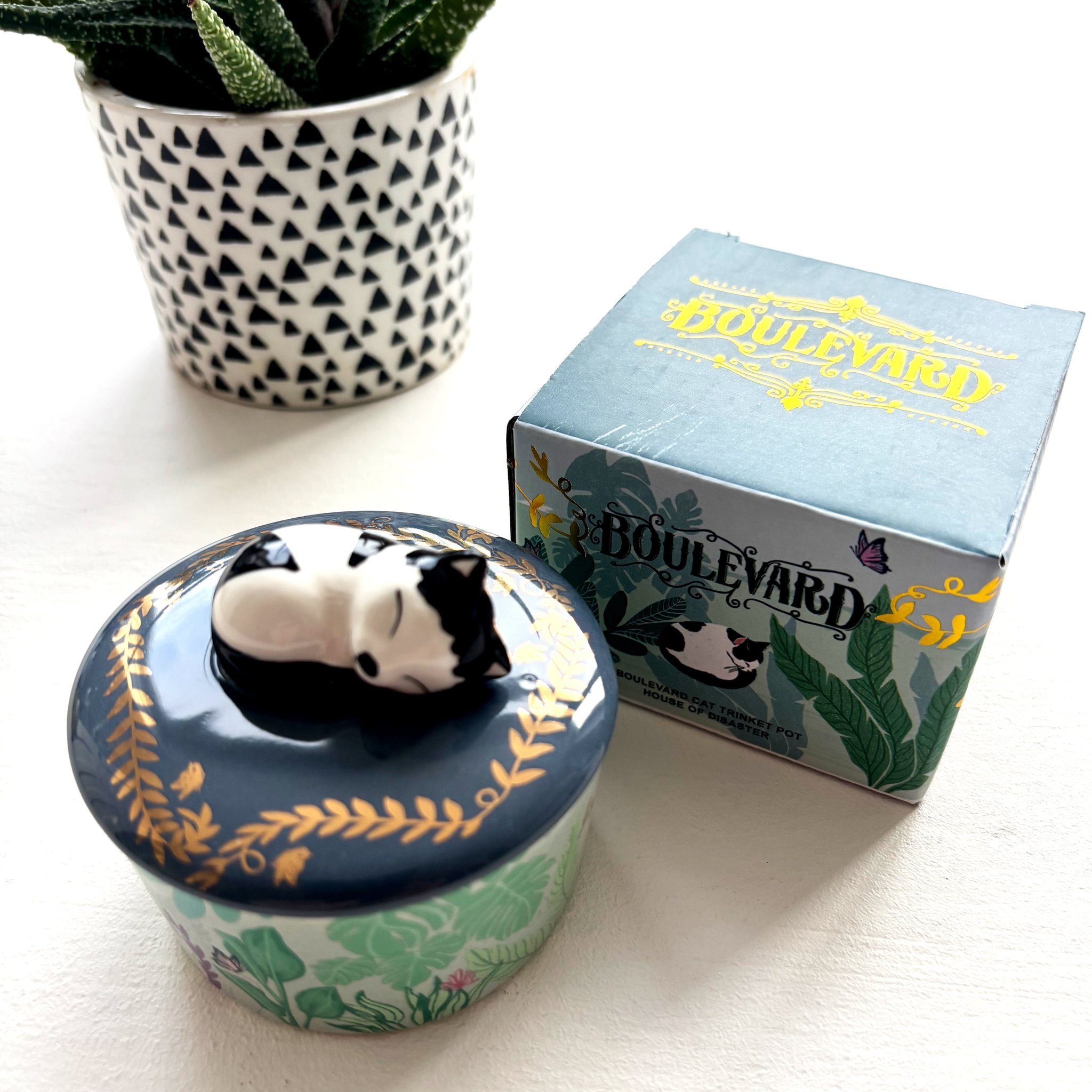 Cat trinket pot next to its printed gift box with the Boulevard print