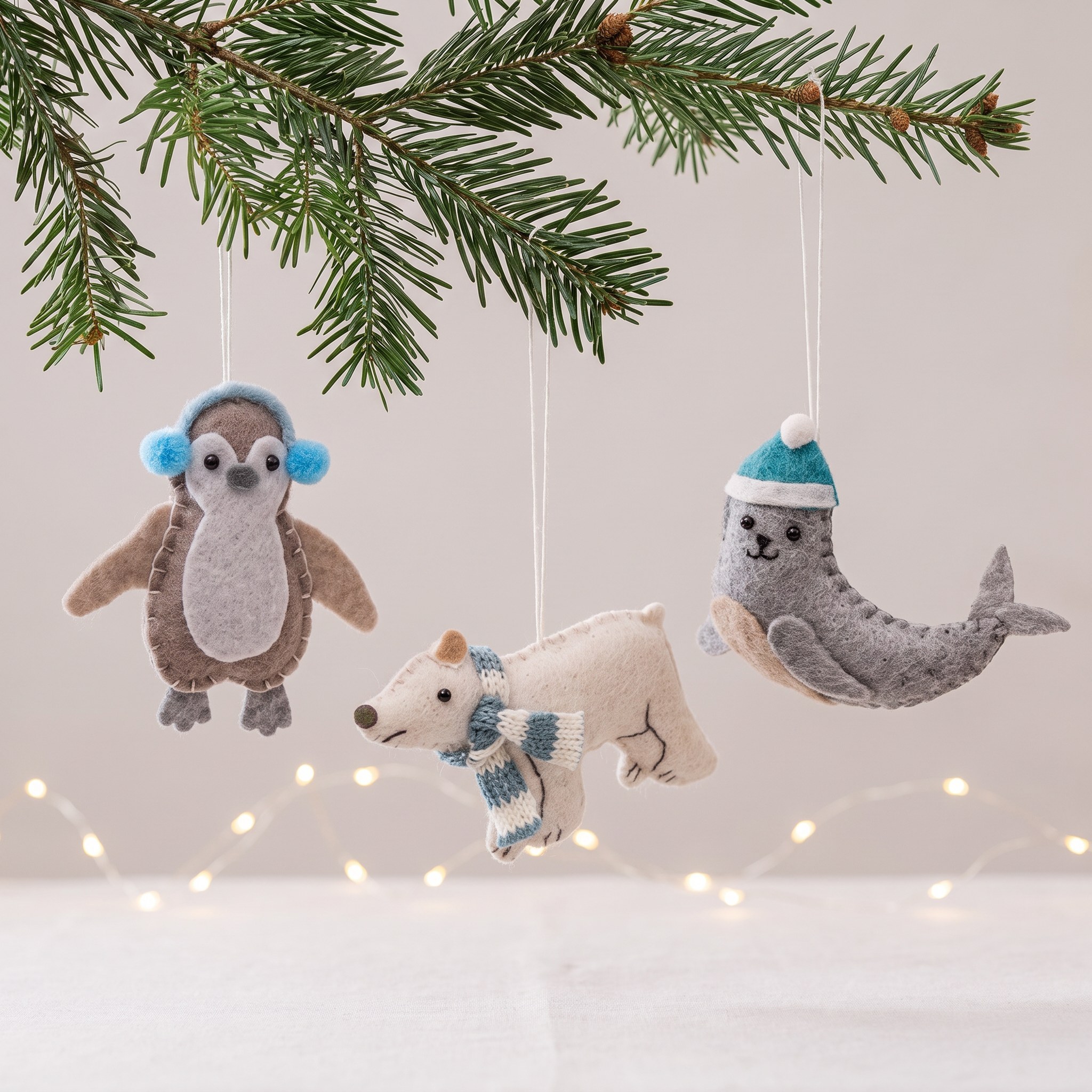 Wintertiere Weihnachtsschmuck von Sass & Belle am Tannenzweig in warmem Licht