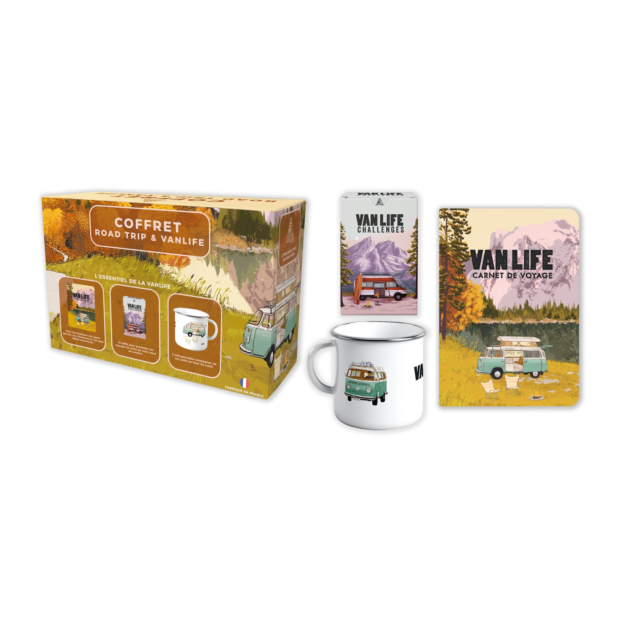 Geschenkbox Vanlife mit Reisetagebuch, Kartenspiel und Emailletasse
