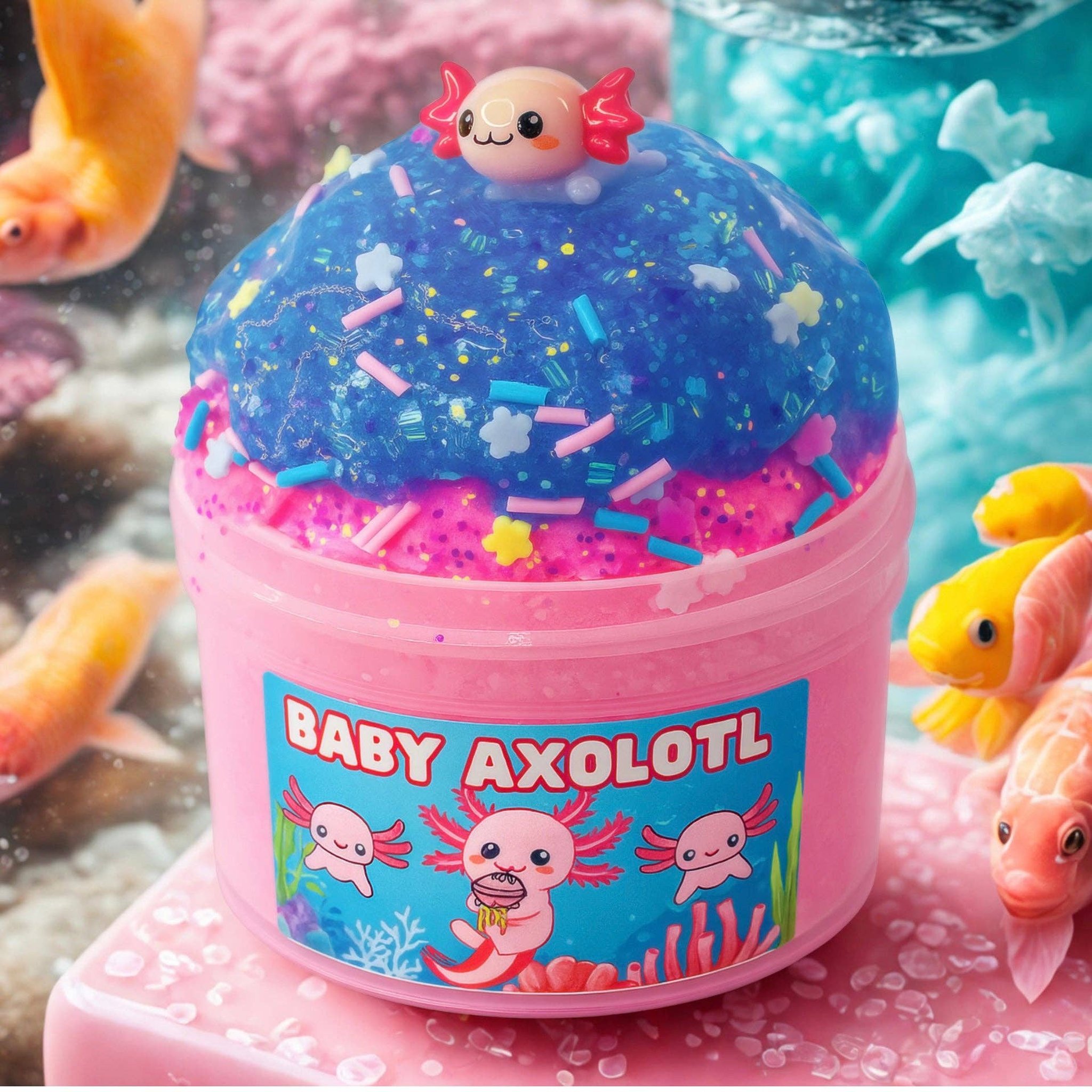 Baby Axolotl Slime in einer Unterwasser-Szene mit Fischen (KI-Darstellung)