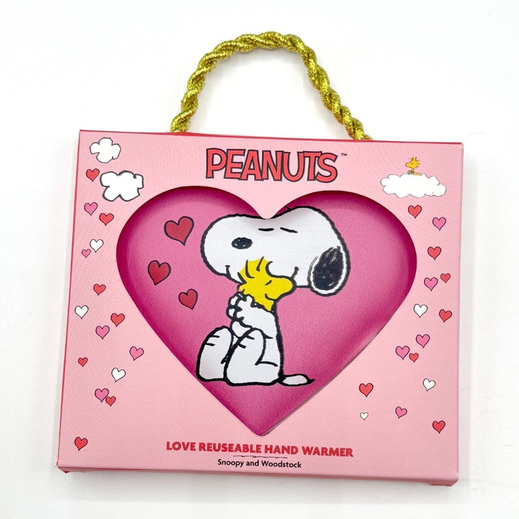 Verpackung des Snoopy und Woodstock Herz-Handwärmers mit Kordel