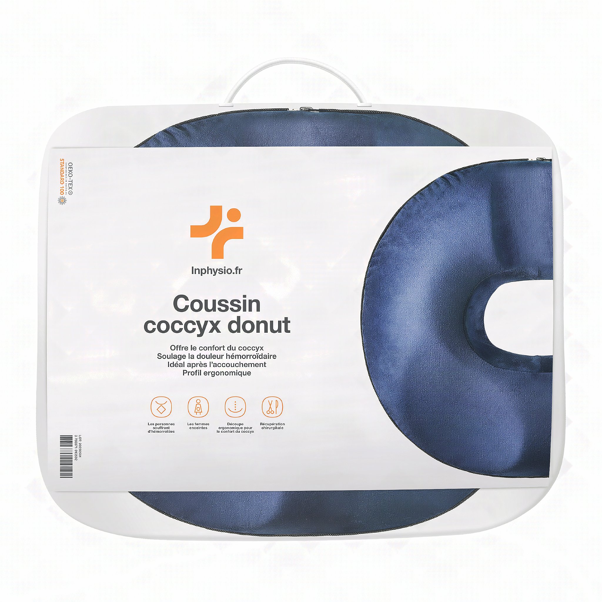 Coussin donut emballé dans le sac blanc Inphysio avec bandeau produit