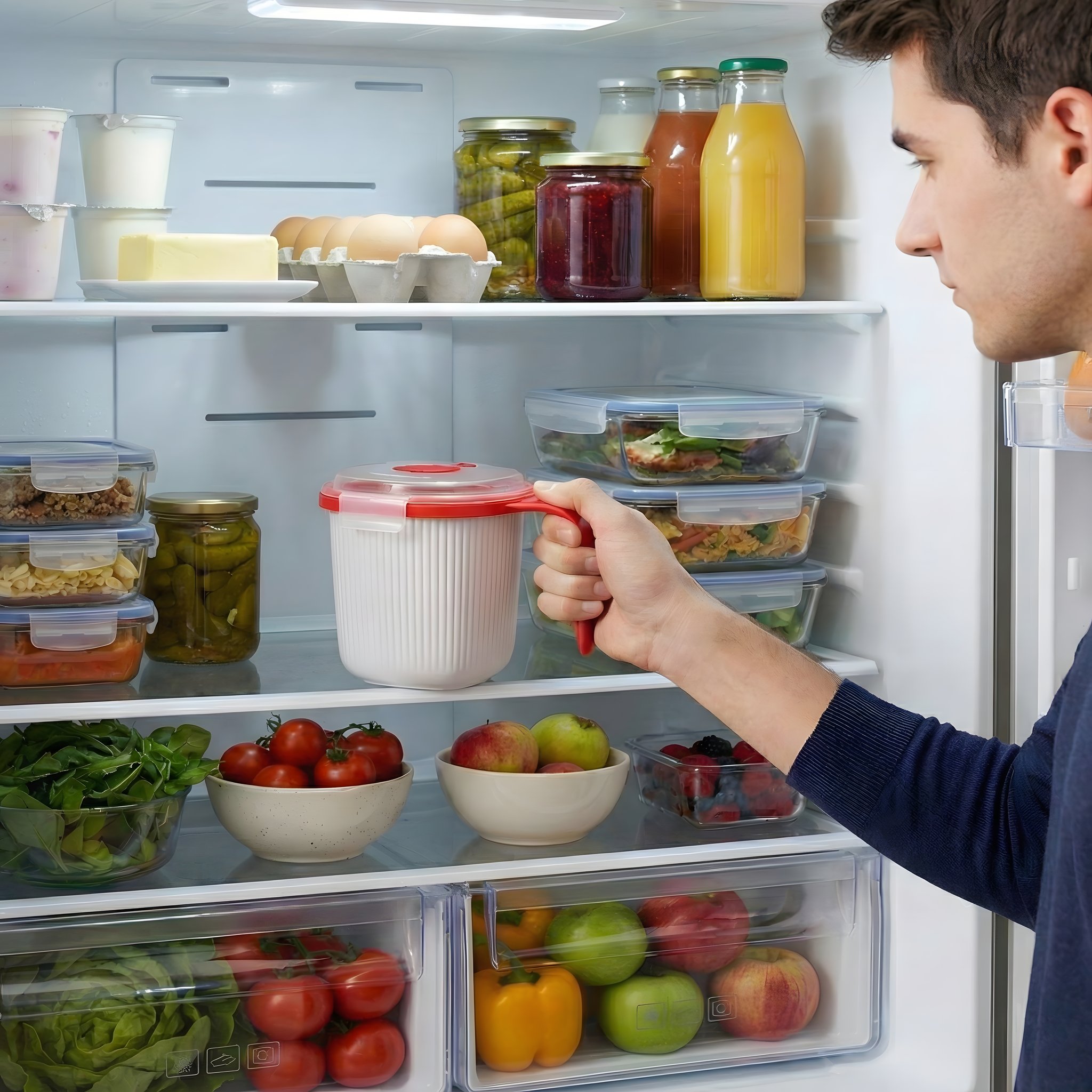 Mikrowellen-Tasse wird aus dem Kühlschrank genommen