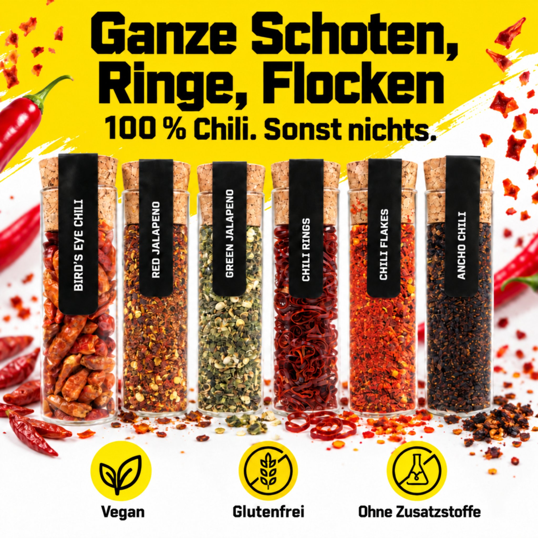 Glass tubes with whole pods, chilli rings and chilli flakes, vegan and free from additives