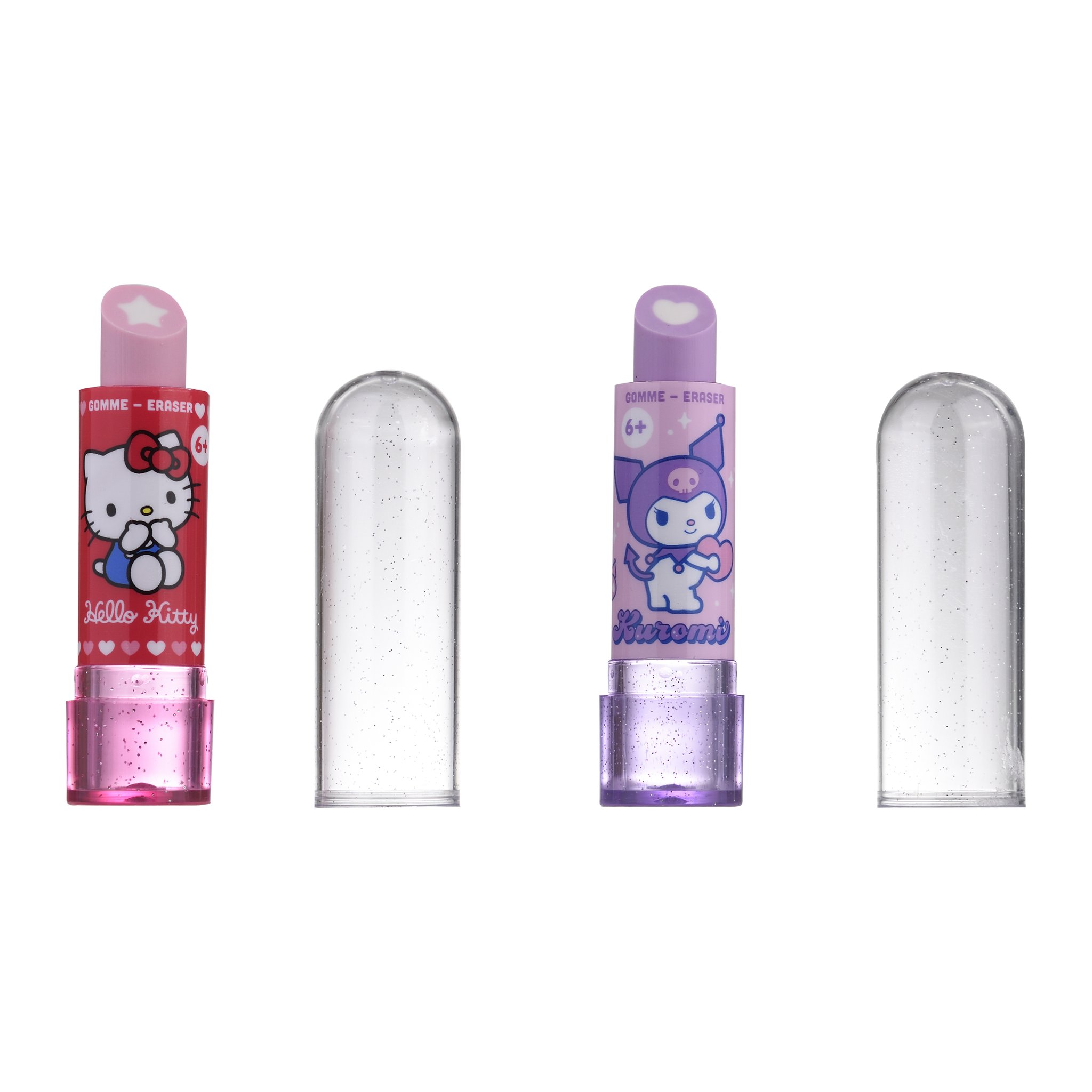 Le due gomme a forma di rossetto aperte, accanto i cappucci trasparenti