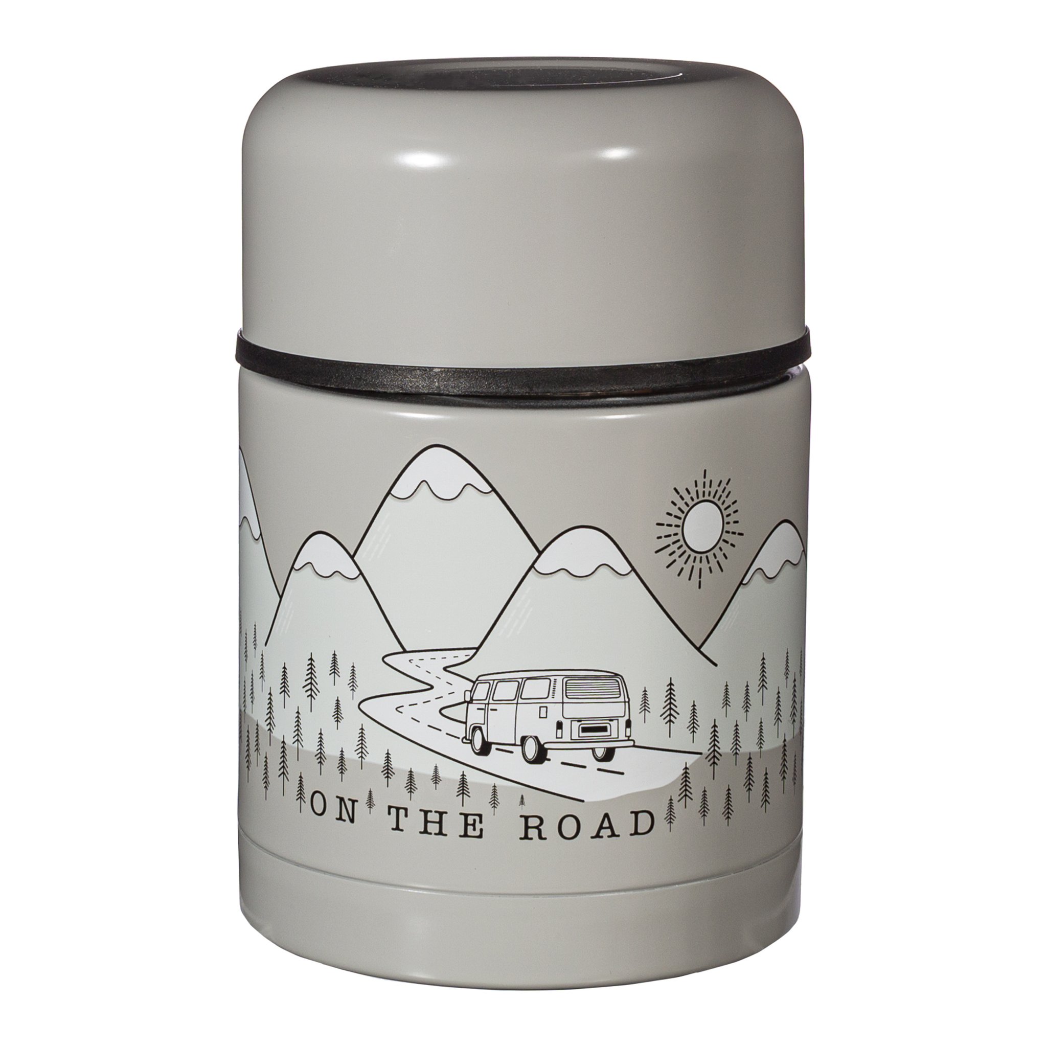 On The Road Thermobehälter von Sass & Belle freigestellt, grau mit Camper-Motiv und Bergen