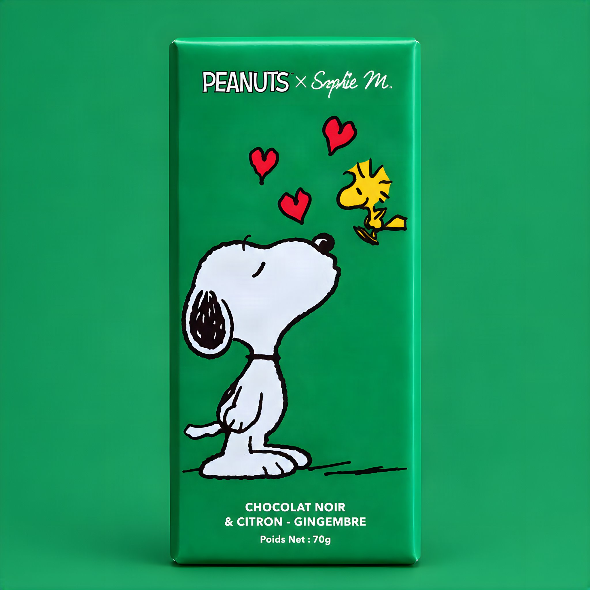 Grüne Snoopy-Schokoladentafel mit Snoopy, Woodstock und Herzen, Zartbitterschokolade mit Zitrone und Ingwer