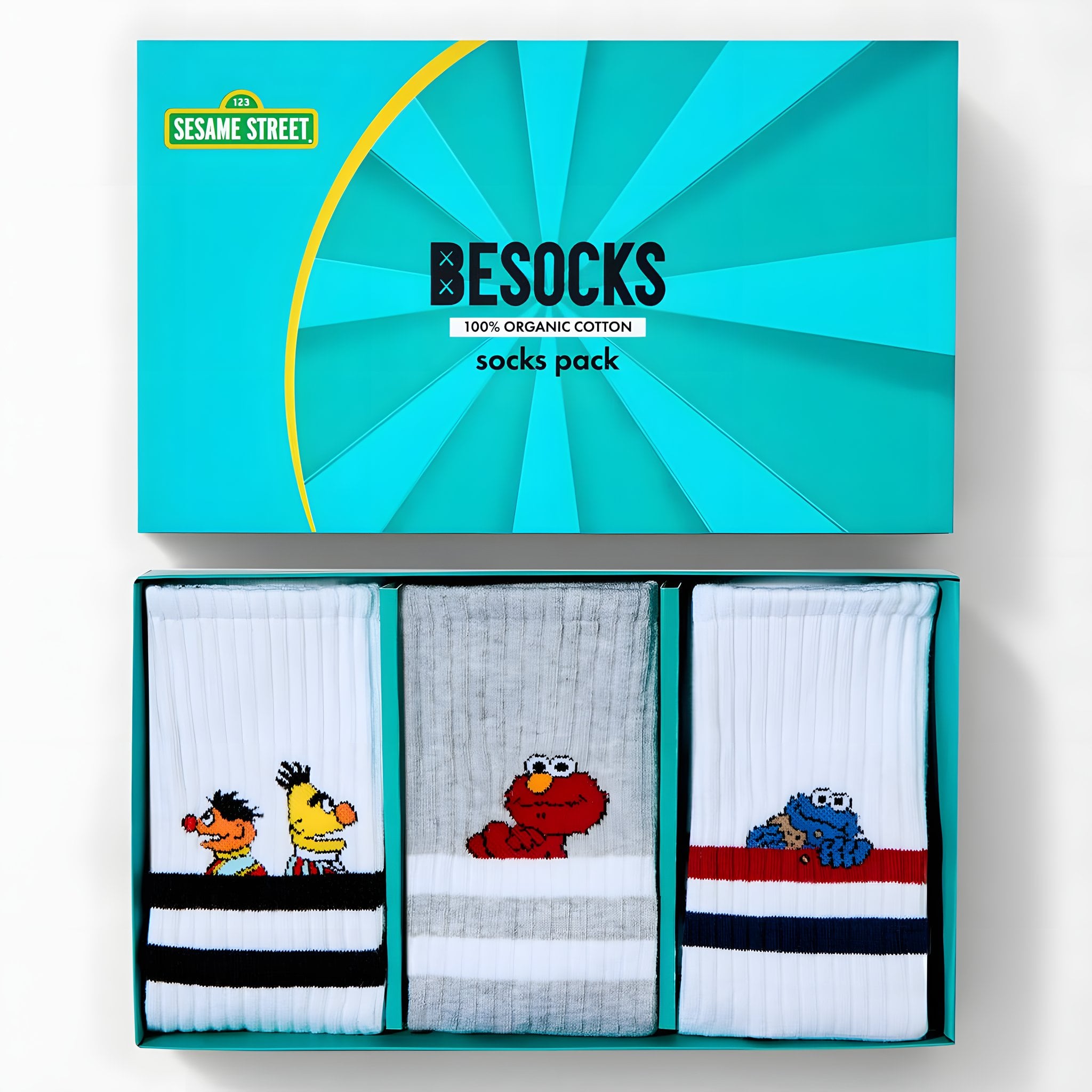 Sesamstrasse Socken-Geschenkset Männer: offene türkise Box mit drei Paar Sportsocken – Ernie & Bert, Elmo, Krümelmonster