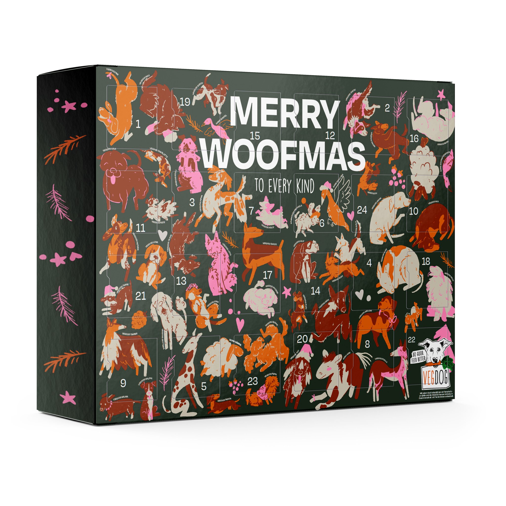 Adventskalender für Hunde mit Winter Cookies – Vorderseite «Merry Woofmas»