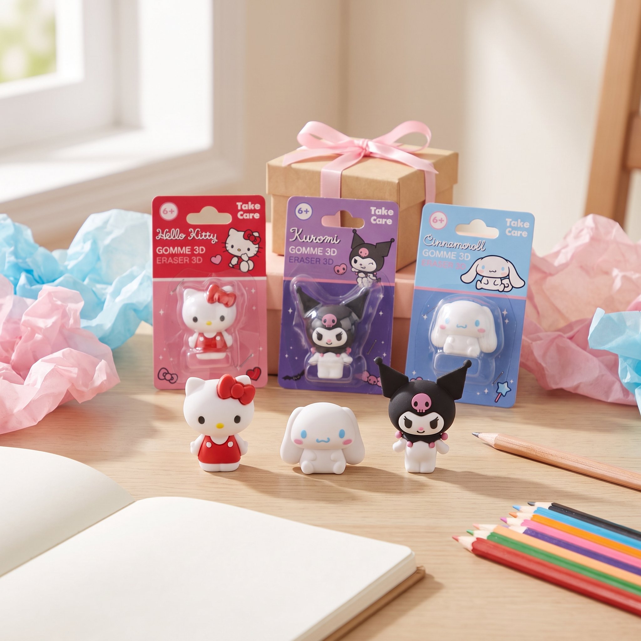 Hello Kitty, Kuromi und Cinnamoroll Radiergummis mit ihren Blisterkarten als Geschenkidee