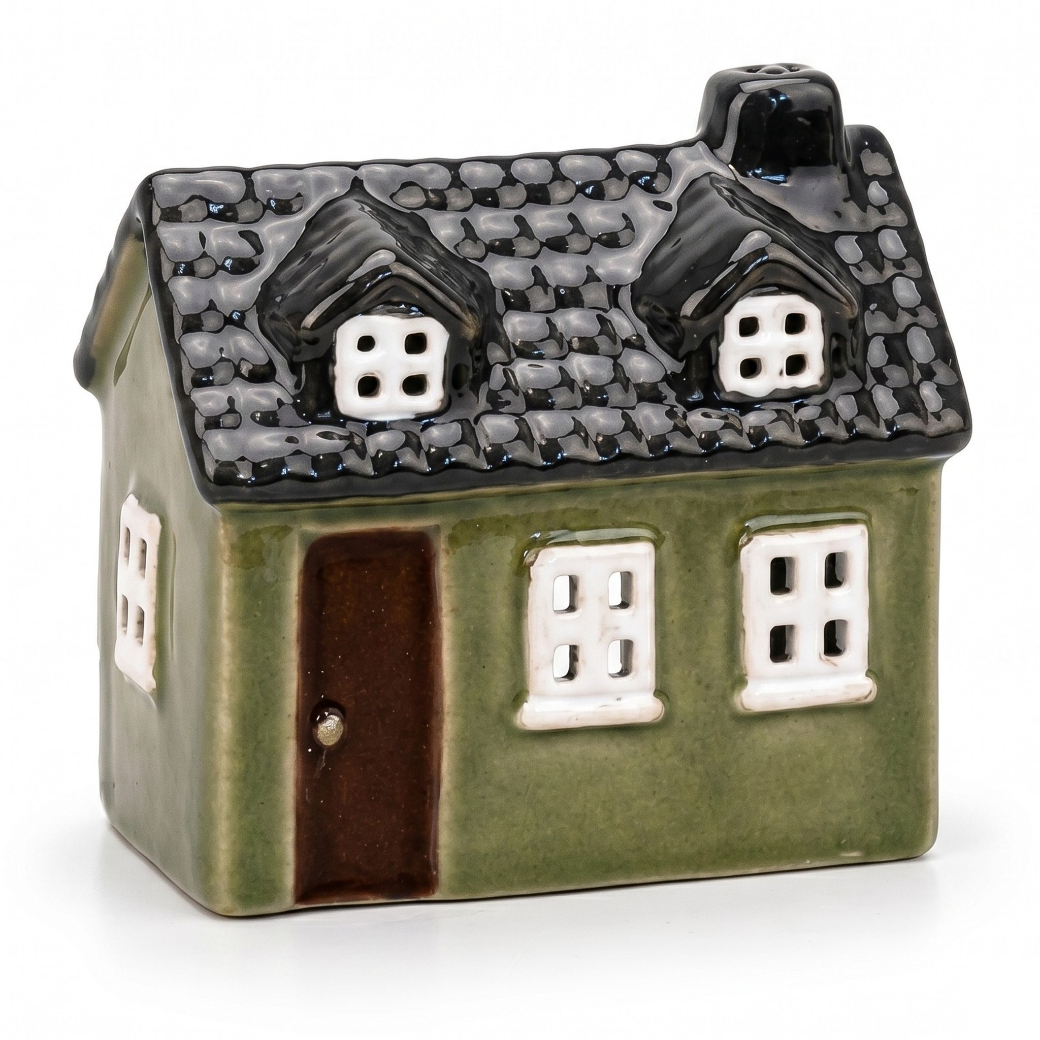 Green ceramic tealight house with tiled roof, two dormers and brown door