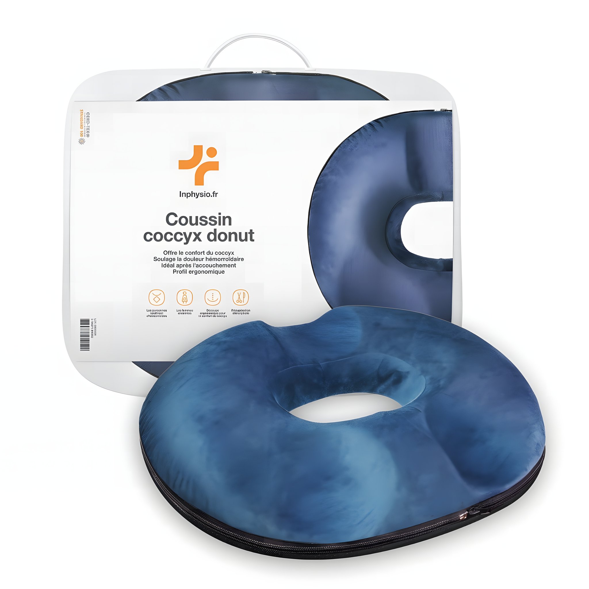 Donut-Sitzkissen in Marineblau mit Steissbein-Aussparung und Inphysio-Verpackung