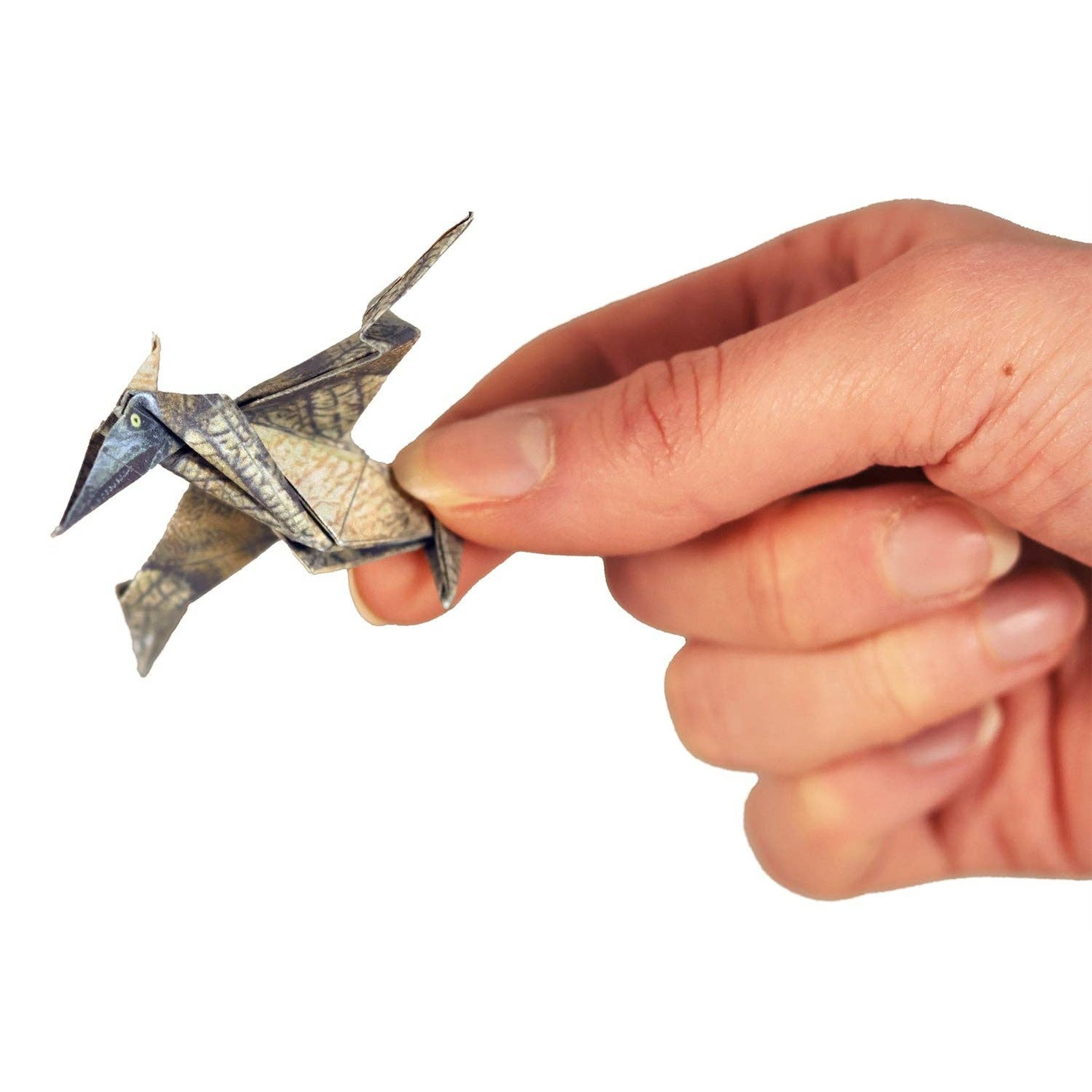 Hand holding a folded paper origami pterosaur