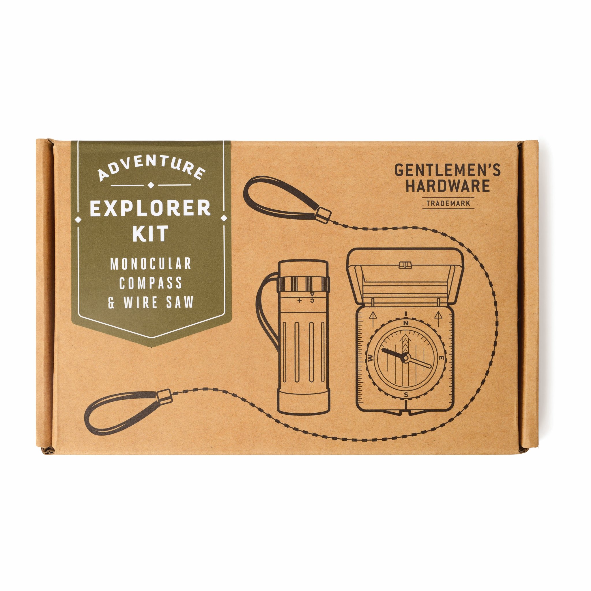 Brown cardboard box of the Explorer Kit with an olive label and line drawings of a monocular and compass