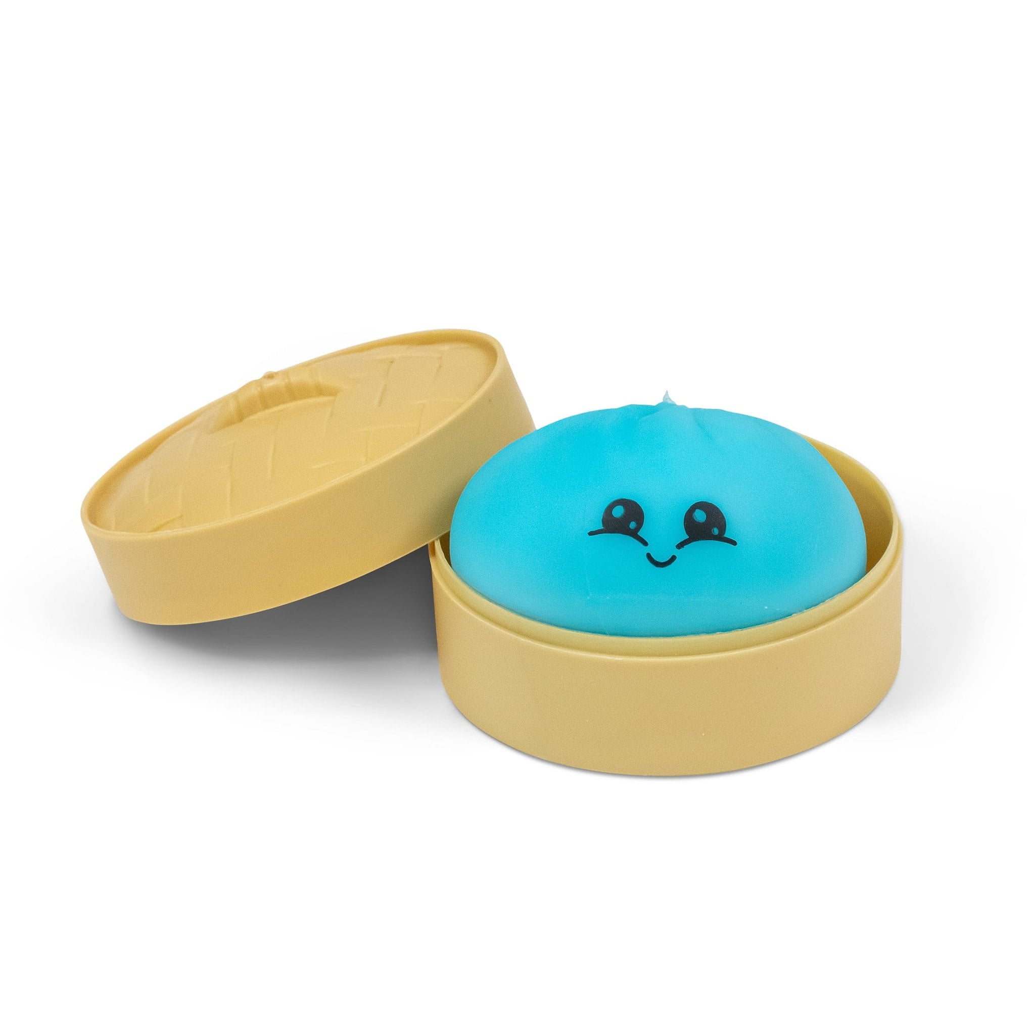 Blauer Scrunchems Dumpling Squishy im offenen Bambuskörbchen
